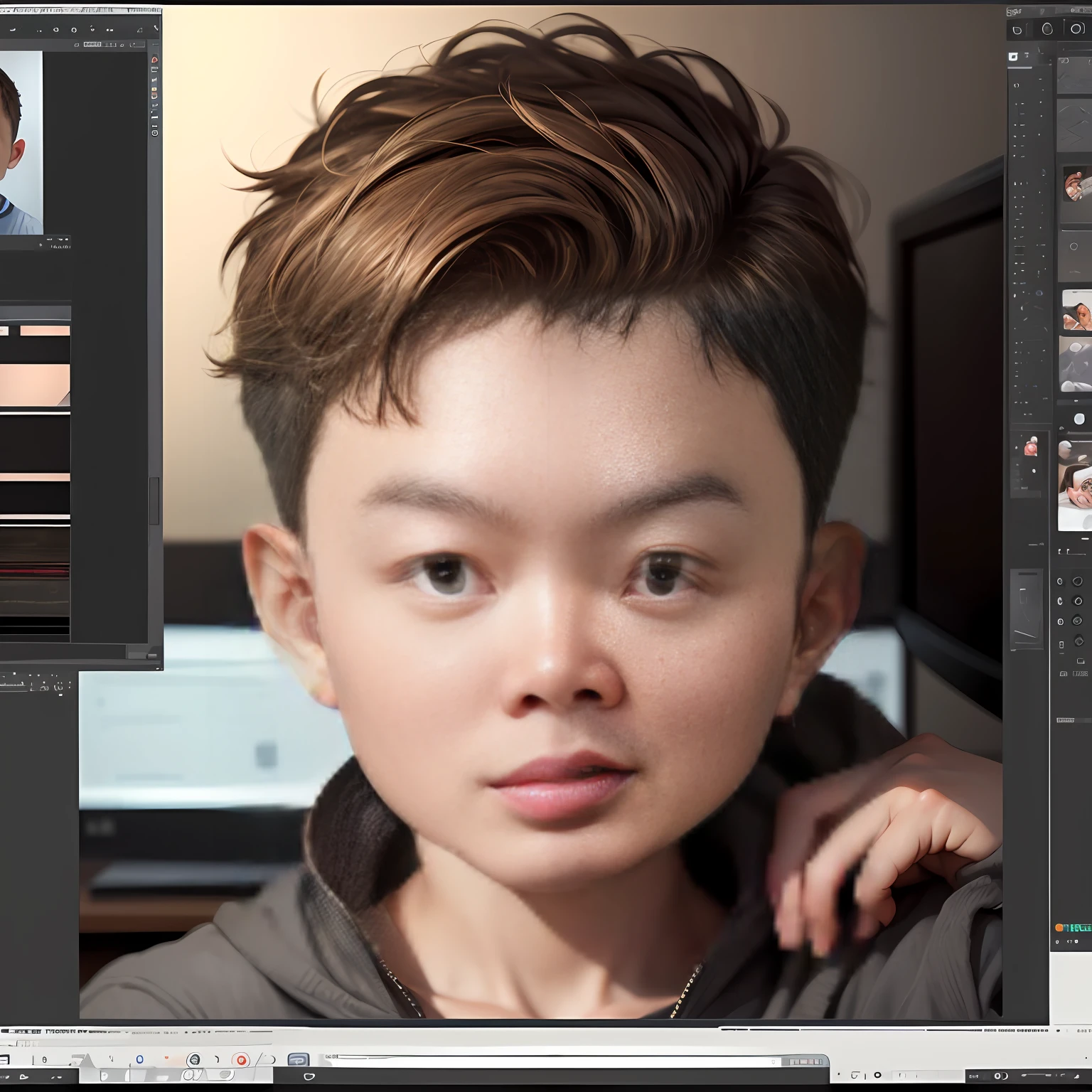 A boy with,He is a retoucher by profession,Retouch in front of the computer,The desktop has a freehand drawing board,Lateral face,Turn back to look at the camera,The computer displays the desktop,head portrait,cartoony,Big head doll --auto