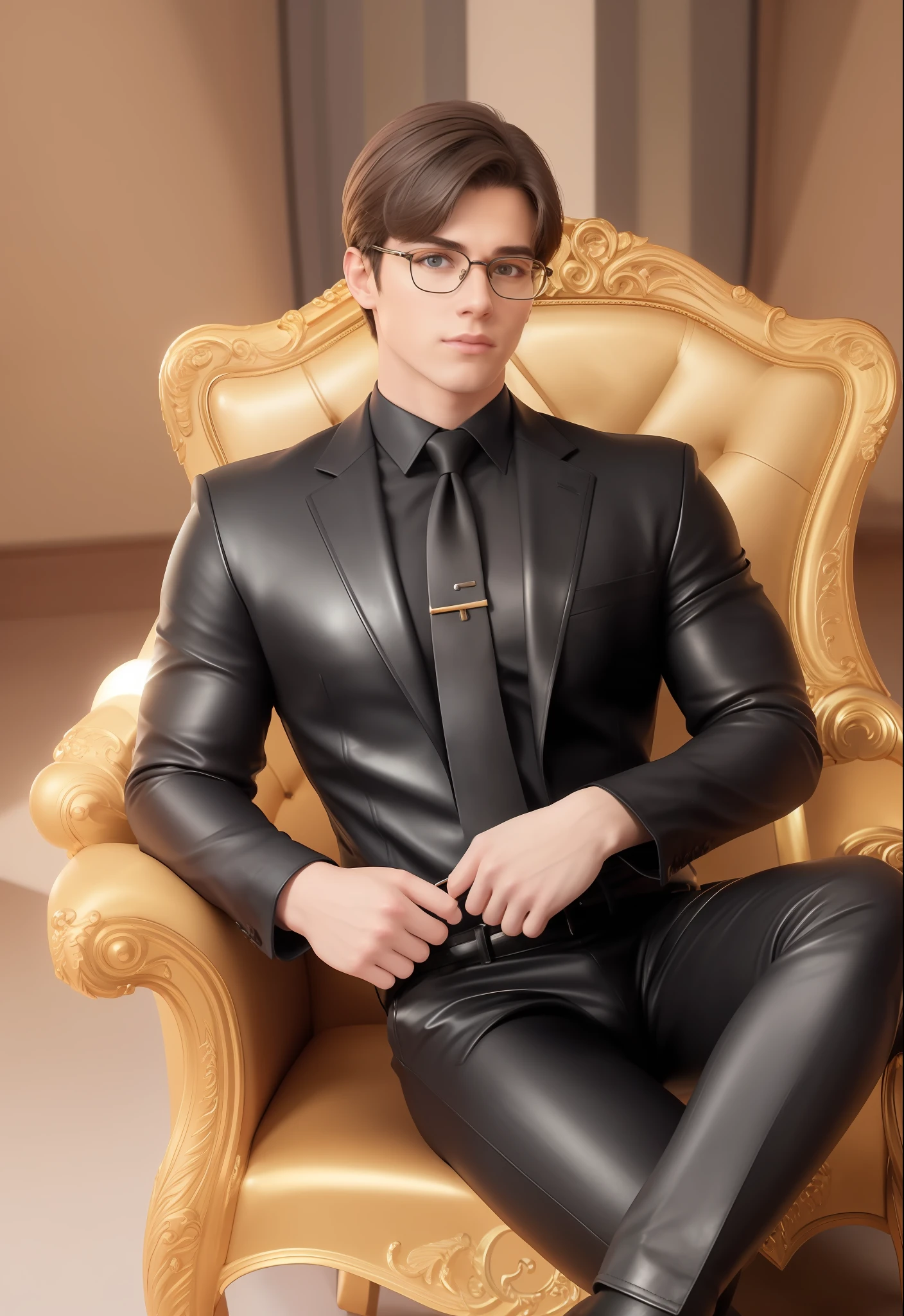 1boy, 16~20yr old, malefocus, muscle men, nsfw, 3D, photorealestic, inside in room, normal hue, central, the golden ratio, Sit on a leather throne, Angular figure, Tall and burly, A high resolution, Slender figure,perfect anatomia，skin textures，Thick black hair，see through bangs，light frow，Symmetrical eyebrows，big bright eyes，symetrical eyes，Square gold wire glasses，Large straight nose，Keep one's mouth shut，Double-edged long handle，broad shoulder，Noble attire, belly tight, leather collar, stand-up collar, shirt, tie, waistcoat, open thickened, glossy dark leather jacket, six-pack abs, leather gloves, black trousers, leather belt, long legs, standing upright over 10 inches long and 3 inches wide，The erection，Large testicles，masturbated，high-heeled leather boots，Soft smile，Handsome，powerful，seen from the front，looking to the front，In the daytime，tmasterpiece，Best quality at best，ultra - detailed，intricately details，professional photoshooting，Mattire，brightly，the most beautiful ever seen，Post-processing，dreamlike lighting，ambientlighting，Epic composition，super wide shot，Upper Illumination，ray-traced reflection，depth of fields，Money flying background