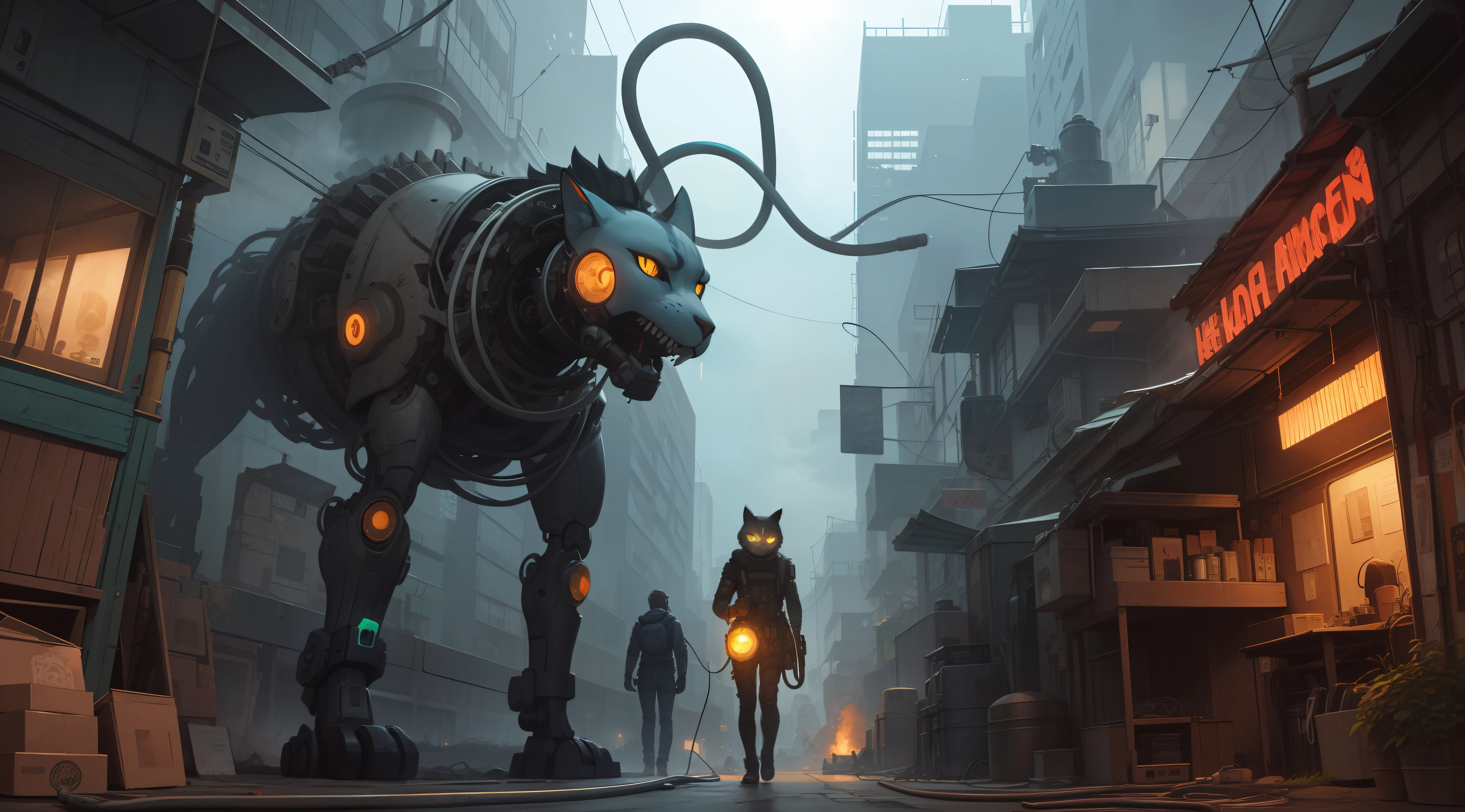 Cyborg Cat, acid smoke, Mechanical body, Toxic city in the background, lots of fine detail, Tube, cable, Gears, flasks with acid, Green, Turquoise, Orange, silver.