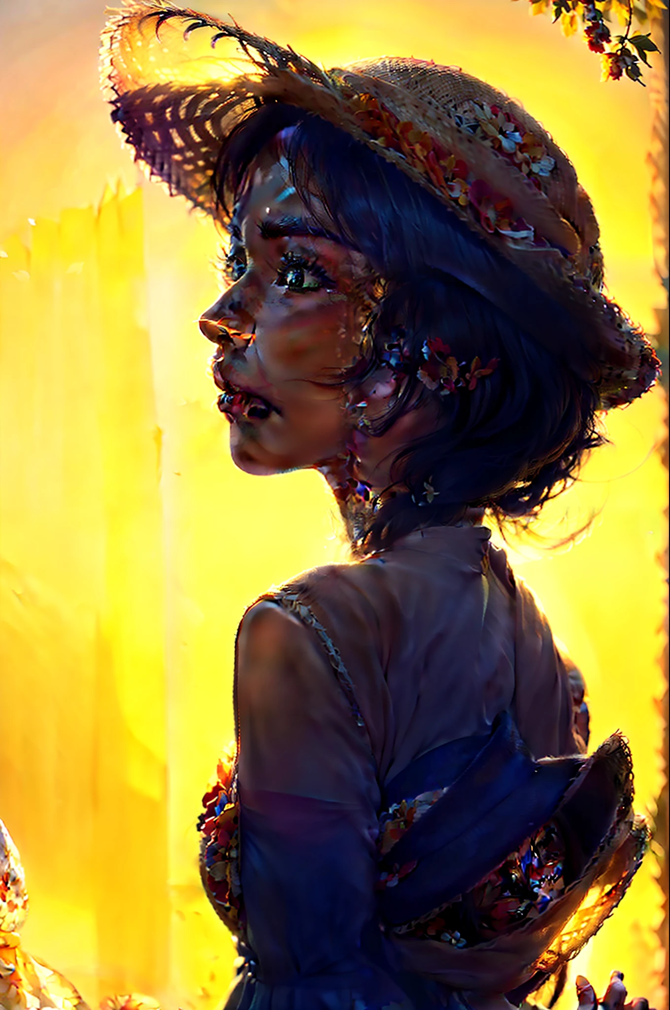 (extreme close up:1.5), (face focus:2),(Style of ???? ???:1.5),
((side face:2)),(1girl surrounded by soft_light:1.5), (backlighting:1.8), (lighting),(flowing fabric:1.3), ((Floral_summer_dress:1.5),(Straw_hat:1.3)),
(masterpiece), realistic, HDR, highly detailed, 8k, raw photo,
ambient occlusion, natural, harmonious composition, warm tones, fine art photography,