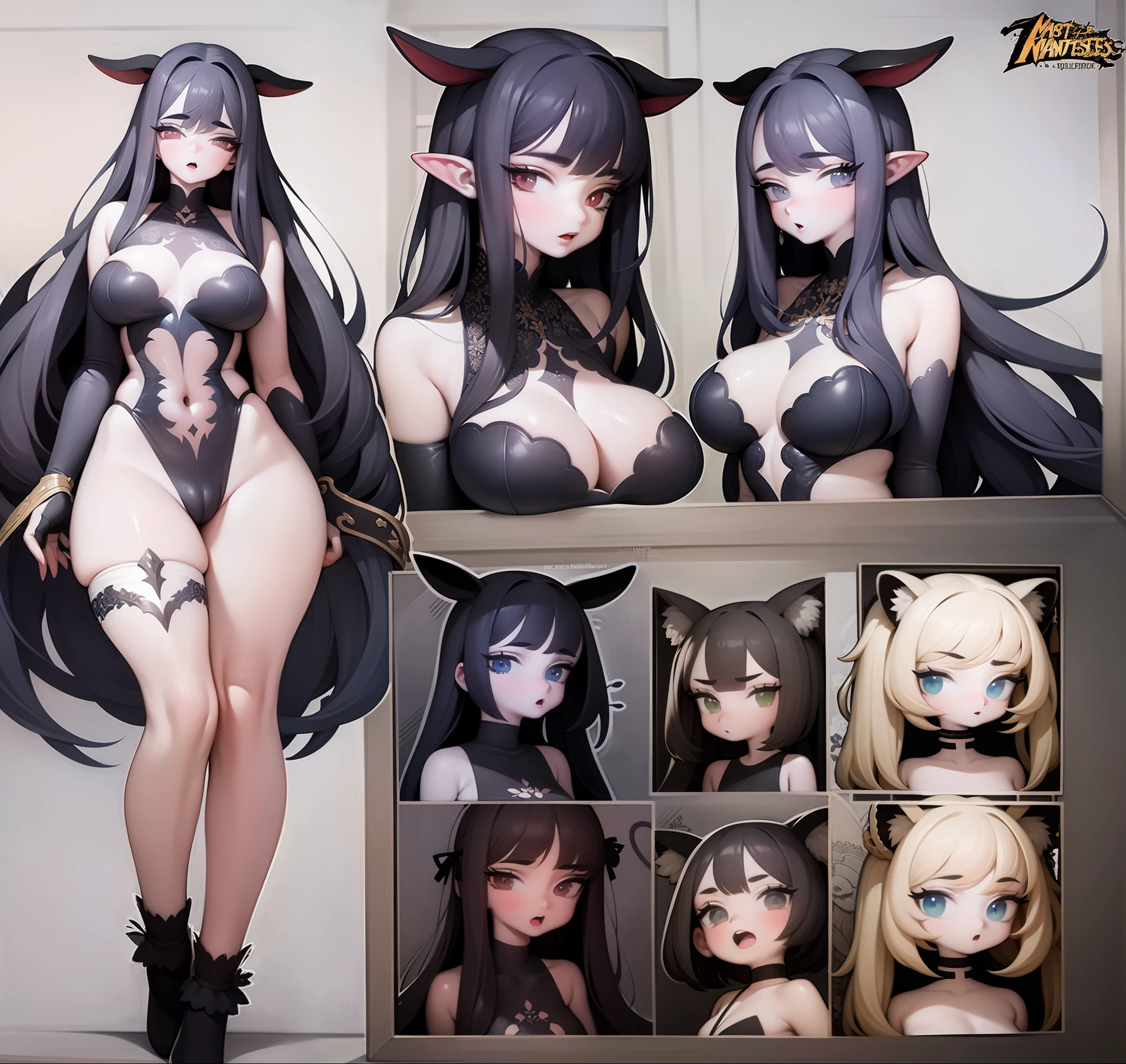 （（（Character drawings））），succubi，tightsuit，revealing buttocks，Underarms，There are love lines on the lower abdomen，Long tail，Black hair pink gradient，Pink eyes，There is love in the eyes，Exposing the abdomen，Expose most of the chest，Very erotic dress-up，（（tmasterpiece）），（（（best qualtiy））），（CharacterDesignSheet，Same role，frontage，Lateral face，on  back），1girl，独奏，tmasterpiece，best qualtiy，looking around a corner，full bodyesbian，Height 150cm，A detailed，concept-art，concept art of character，Character sketches，reference sheet，Role table，（simplebackground，white backgrounid： 1.3)