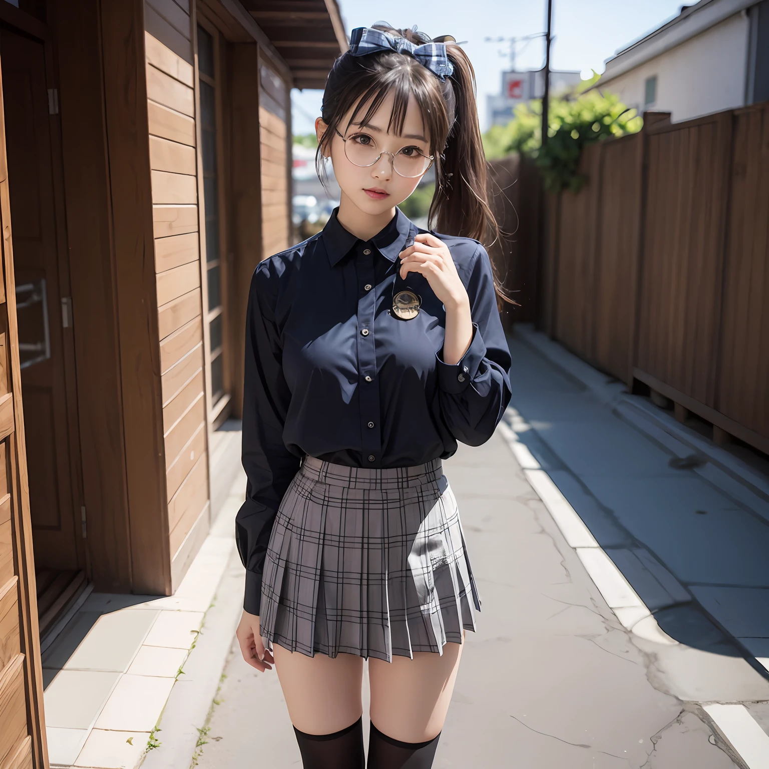 (8K、Raw photography、top-quality、masterpiece:1.2),full body Esbian,masterpiece,top-quality、超A high resolution,Raw photo,ren,Beautiful fece,One Person, 独奏,eye glass,,Dark look,Small breasts,fullllbody,Round glasses、cute little、A Japanese Lady,is standing,(Tight eyes,Bullish,skinny,Rasping,irate,small tits,flat breast)、(Photorealsitic:1.37)、Photon mapping,Light blue ribbon,Realistic、Cute little face,Brown-eyed、Black socks、Red bow tie、Radio City、Physically Based Rendering、Foreground、depth of fields、Blurry background、a picture,The girls、Body, Long legs, Thin leg, Single knot ponytail,Let your hair flow forward、(Bangs are visible), hair, s lips, Blue_The eye, nosesoft, Light blue shirt, Navy blue and blue and white plaid pleated skirt, Sheer clothing,, Thigh, Black cotton socks,Nogizaka Idol, 女優, Japanese ido