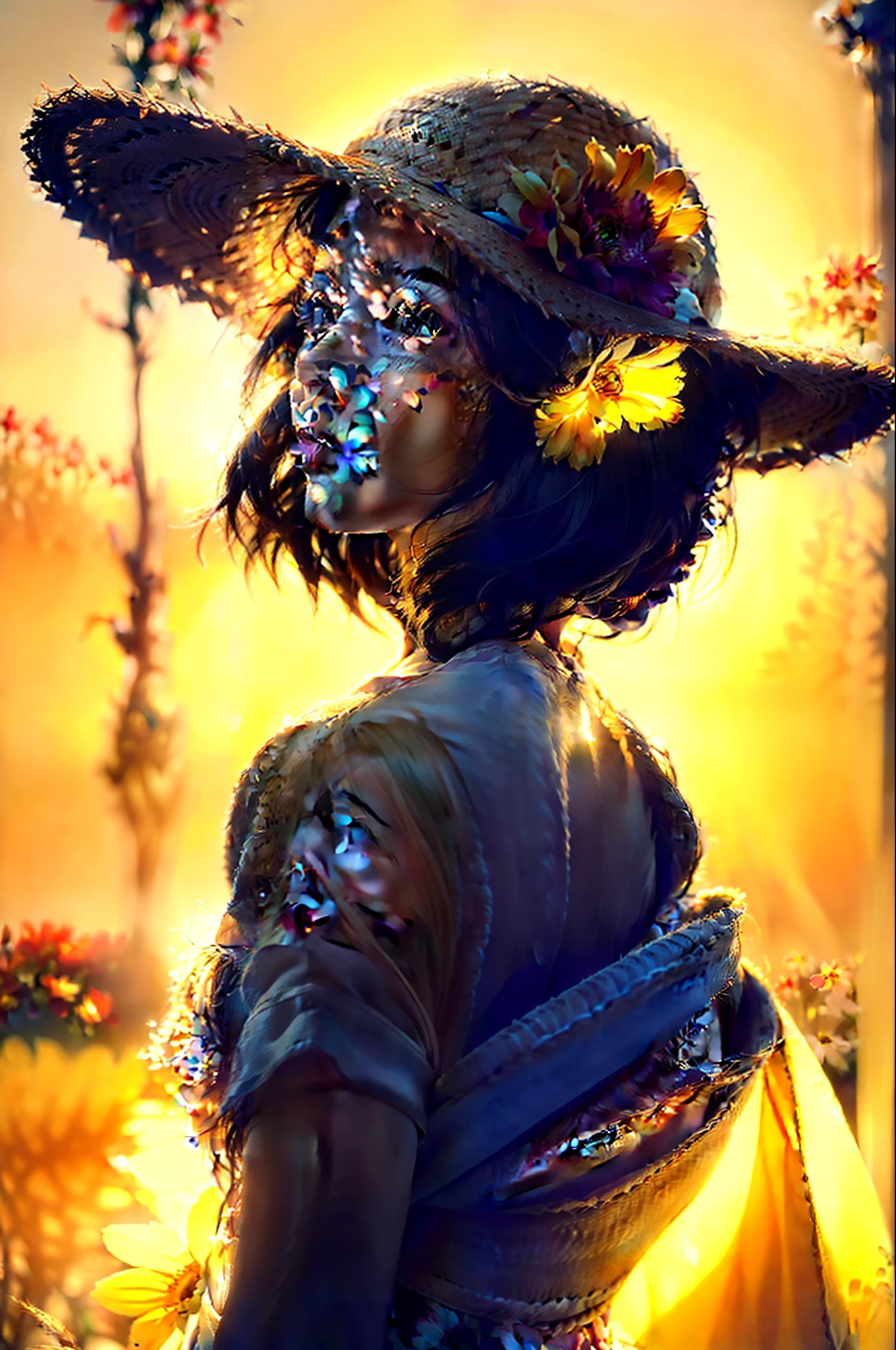(extreme close up:1.5), (face focus:2),(Style of ???? ???:1.5),
((side face:2)),(1girl surrounded by soft_light:1.5), (backlighting:1.8), (lighting),(flowing fabric:1.3), ((Floral_summer_dress:1.5),(Straw_hat:1.3)),
(masterpiece), realistic, HDR, highly detailed, 8k, raw photo,
ambient occlusion, natural, harmonious composition, warm tones, fine art photography,