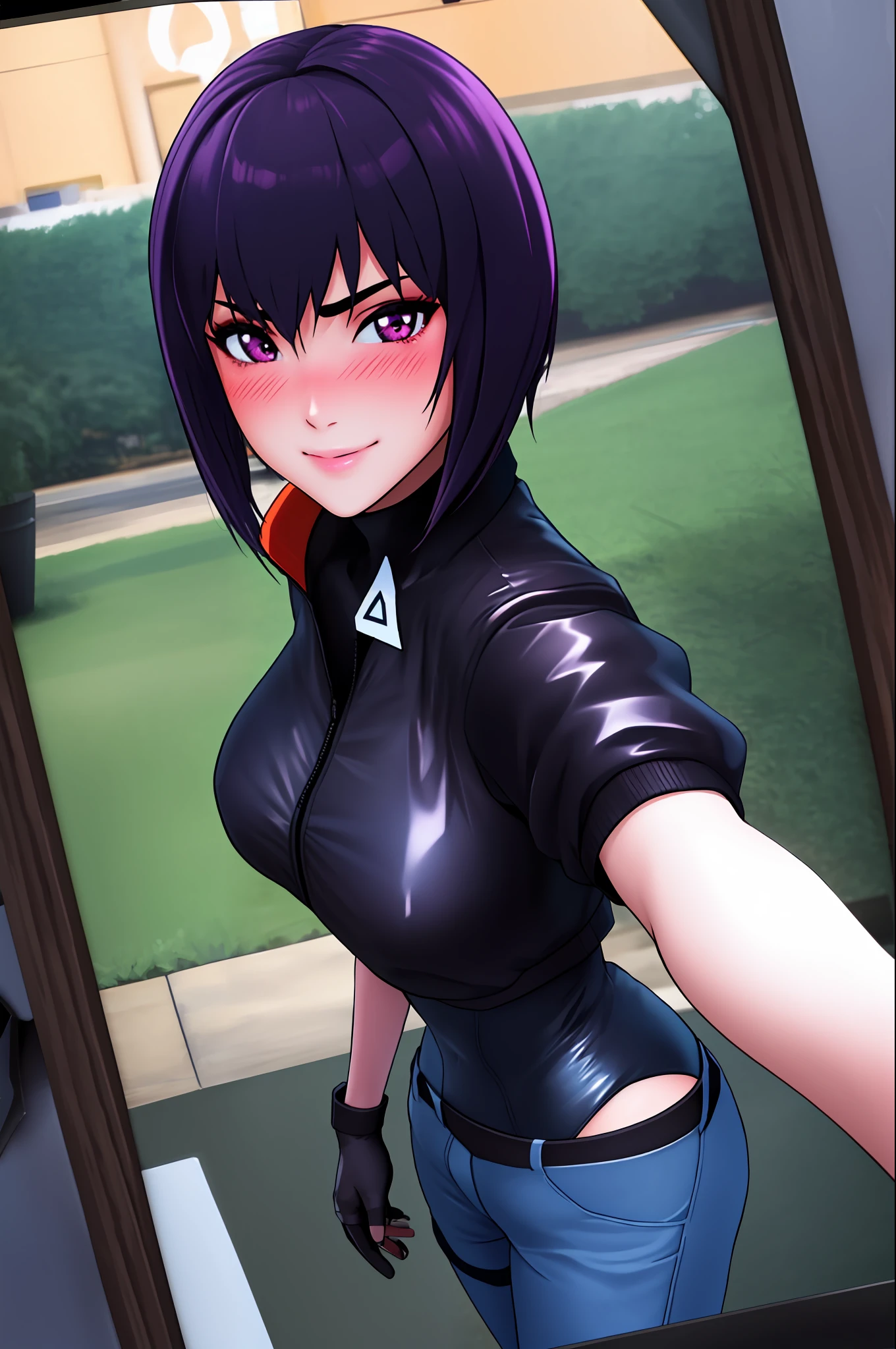 1girl, masterpice, high quality, best quality, good body, 5fingers, good hands and fingers, official art, (solo), dynamic angle, dynamic pose,  sexy,, black gloves, black jacket, leotard, (motoko_kusanagi), ((pov)), ((selfie)), scenary: room, smile, (blush),