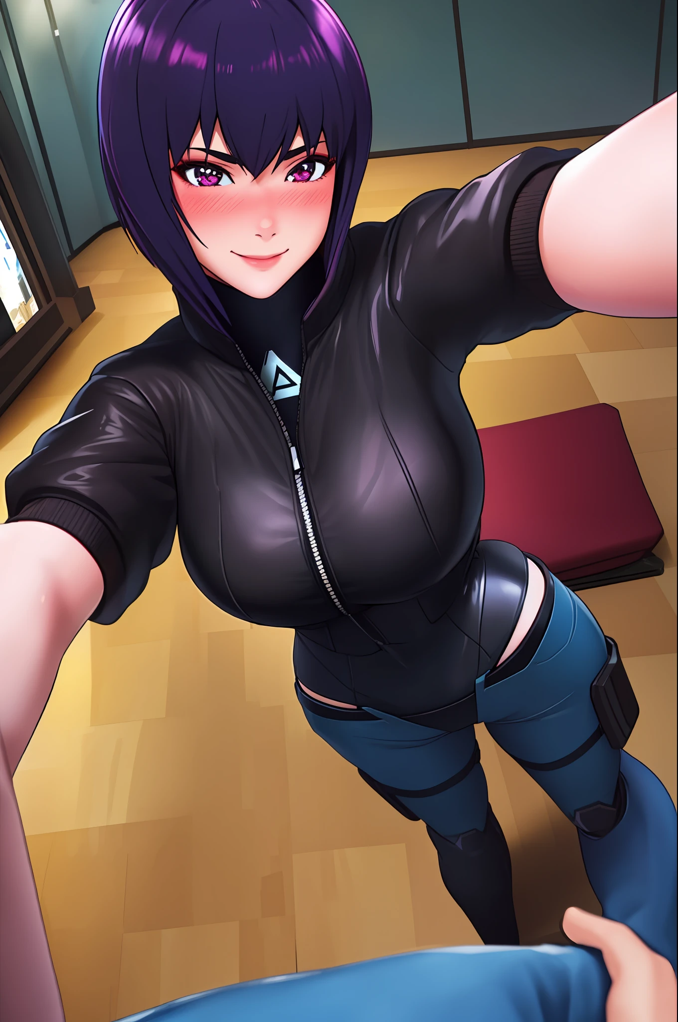 1girl, masterpice, high quality, best quality, good body, 5fingers, good hands and fingers, official art, (solo), dynamic angle, dynamic pose,  sexy,, black gloves, black jacket, leotard, (motoko_kusanagi), ((pov)), ((selfie)), scenary: room, smile, (blush),