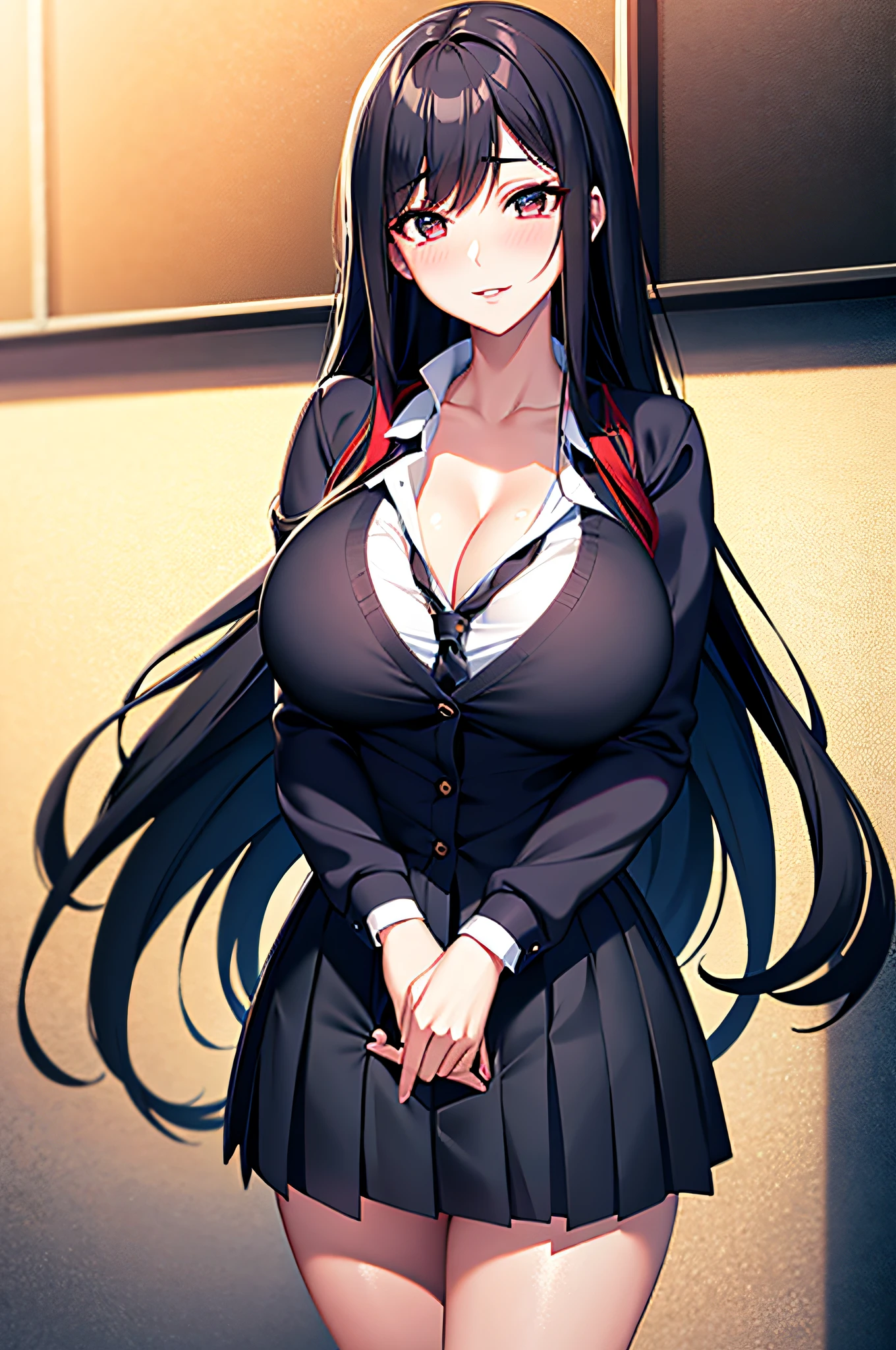 Big high school girl，gigantic cleavage breasts，untied long black hair，Long black hair，twisted eyes，upper legs，style of anime，beautiful anime school girl，hyper realistic schoolgirl，hyper realistic schoolgirl，mesmerizing anime girl，Realistic schoolgirl，big boobs emphasized，Naughty anime style，Naughty thighs，Naughty thighs， smooth anime cg art，surreal school girl，seductive anime girls，Realistic schoolgirl，smooth anime cg art，animemanga girl，beautiful anime school girl，Beautiful anime girls，beautiful alluring anime teen girl，ECCHI anime style，photorealistic rendering of anime girls，