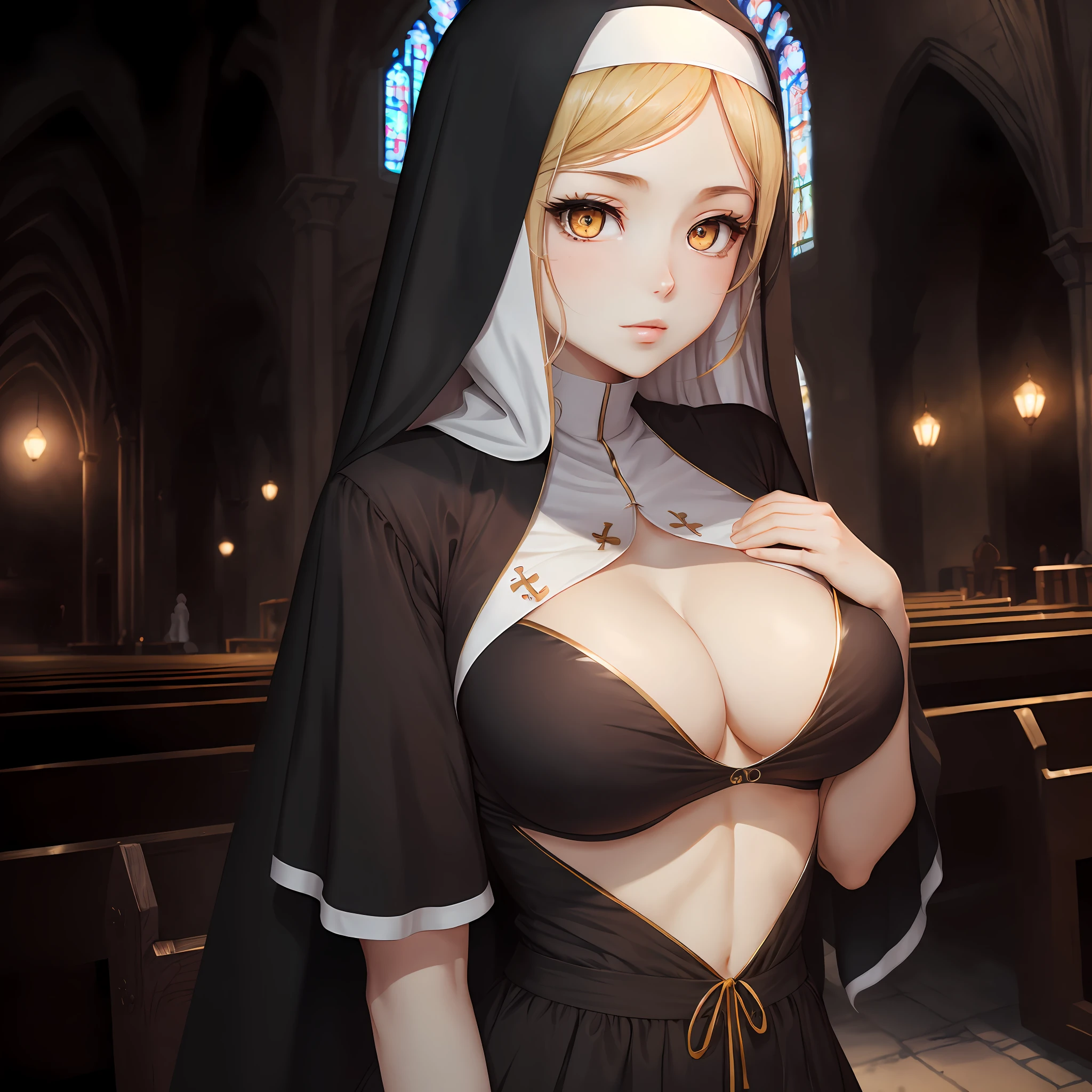 high qulity, Best visual enjoyment, The ultimate boutique, ,High-grade atmosphere, The beauty of art, Anime girl theme, Beautiful elements come to life, A work that attracts much attention，1girl，perfect bodies，mideum breasts，Nun attire，Attractive eyes，Cross your hands over your chest，Yellow eyes，Church high end cg background，The camera is facing the girl --auto