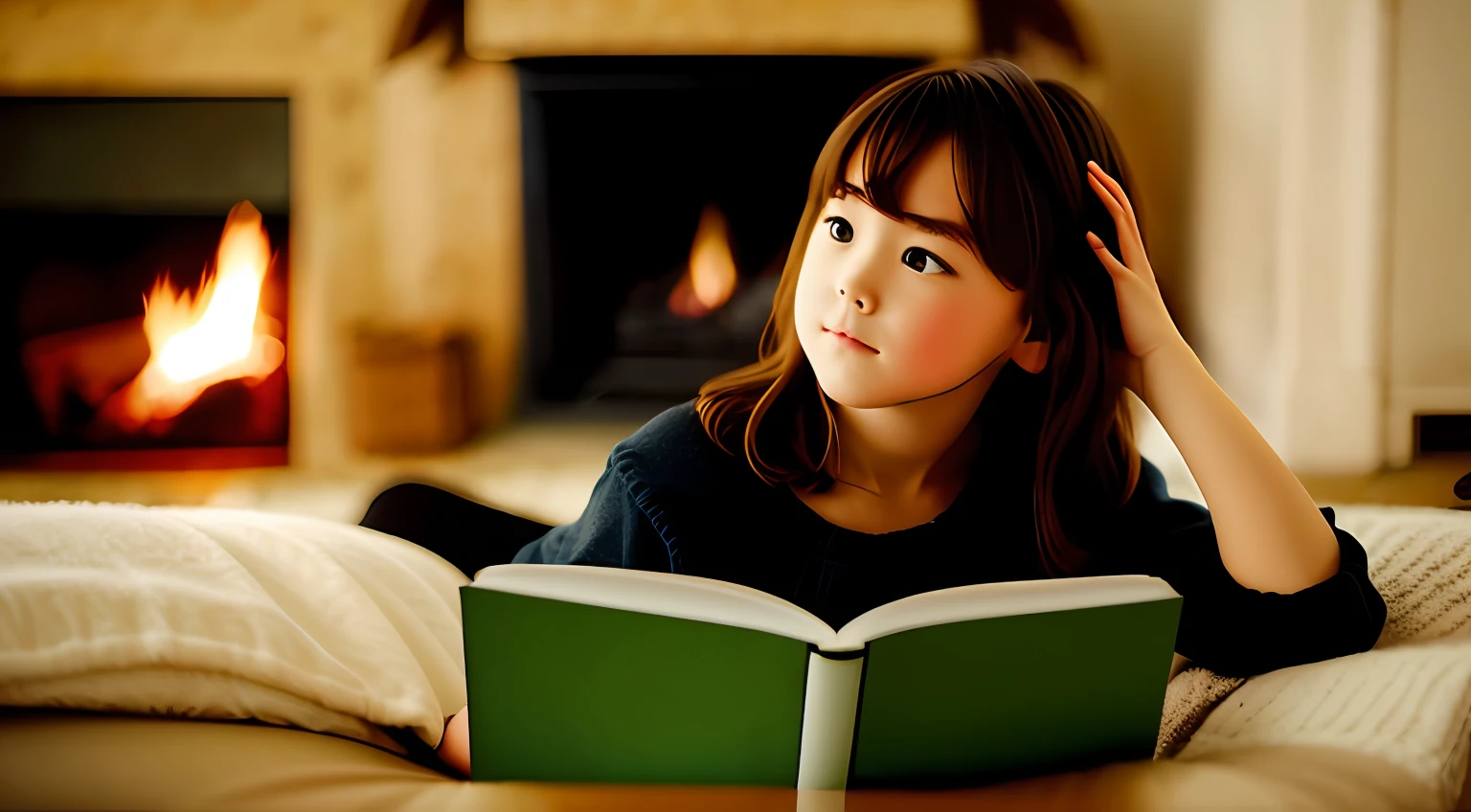 Little girl reading on sofa in front of fireplace,  Simple home décor，Depth of field is slightly blurred，The little girl gestures relaxed