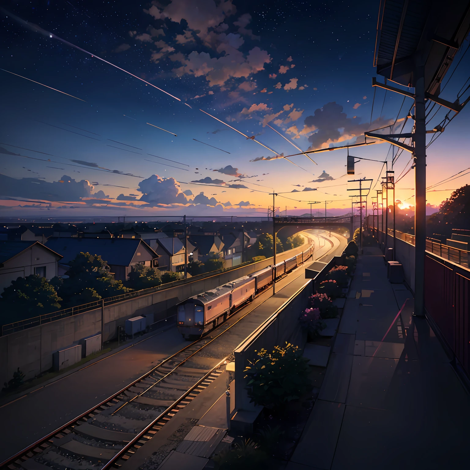 anime scene of a train passing under a pink and purple sky, an anime drawing by Makoto Shinkai, trending on pixiv, magical realism, beautiful anime scene, cosmic skies. by makoto shinkai, ( ( makoto shinkai ) ), by makoto shinkai, anime background art, style of makoto shinkai --auto