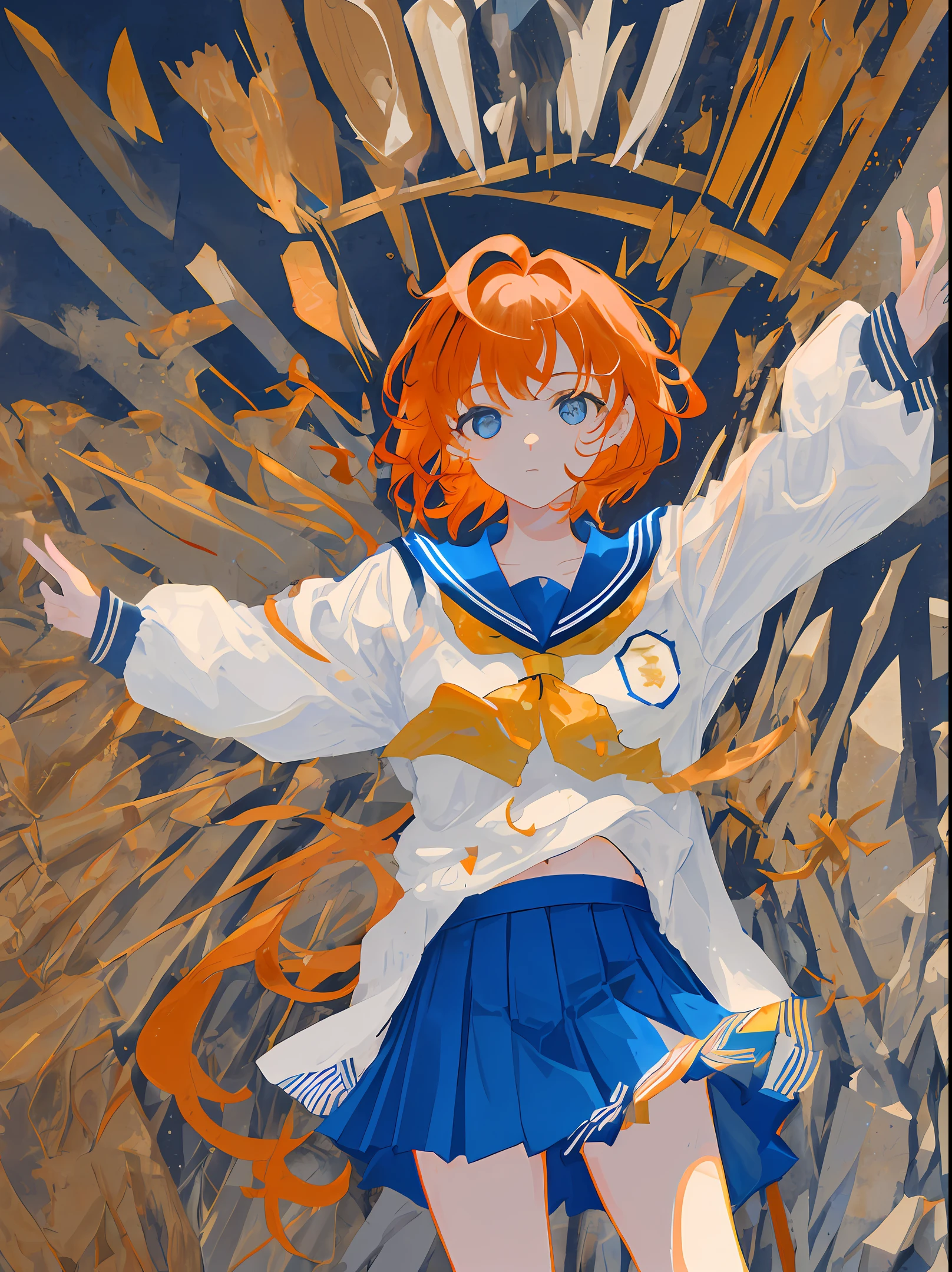 Sick,quadratic element,Short bright orange hair,high-school,schoolgirls,Wood knives,blue color eyes,White sailor suit,a yellow tie,Short blue skirt,white skinned,tmasterpiece