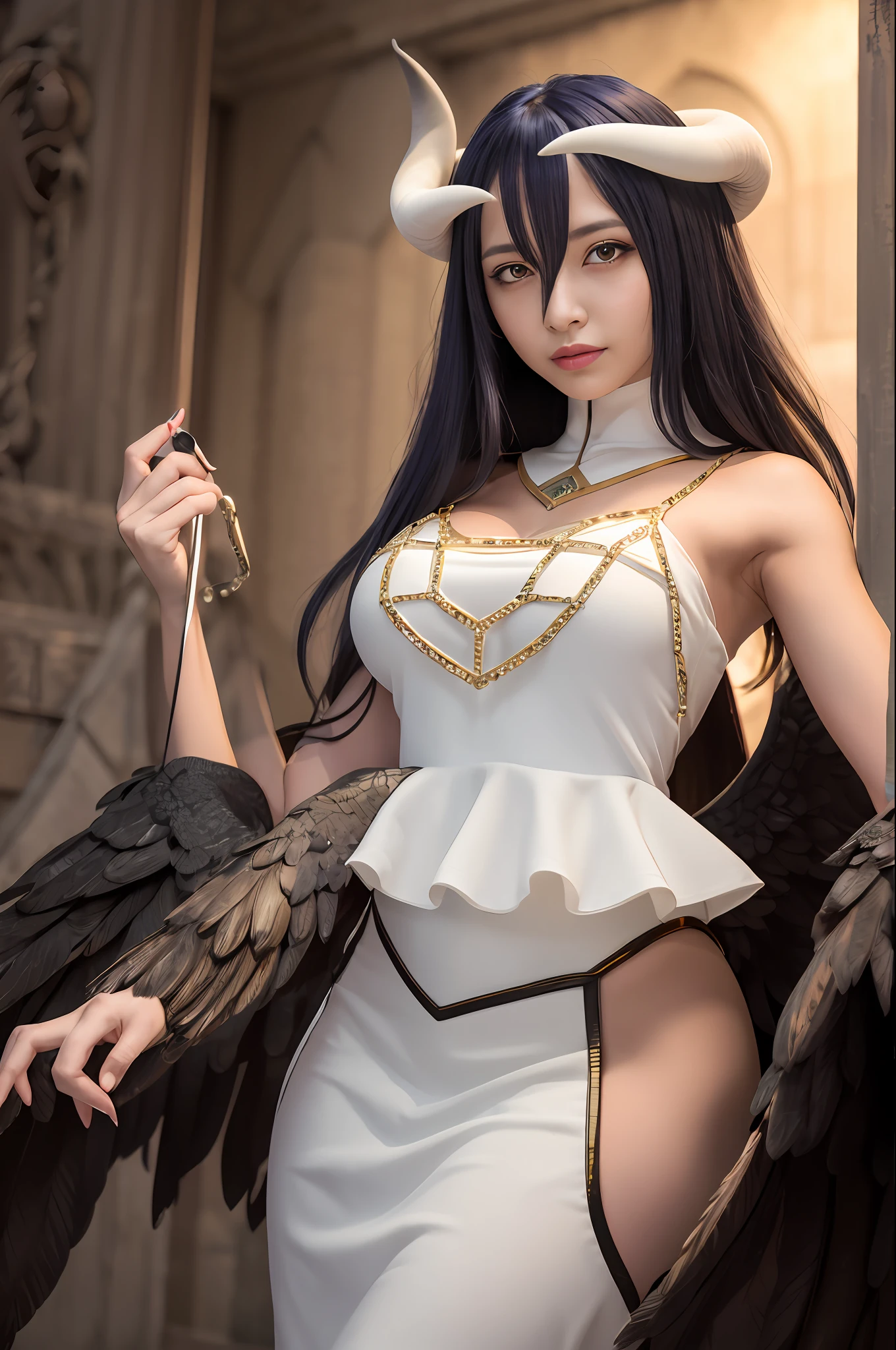 masterpiece, best quality, highres, al1, demon horns, slit pupils, white gloves, white dress, bare shoulders, detached collar, cleavage, black wings, feathered wings, low wings, cowboy shot, standing, smile, dungeon, evil smile,