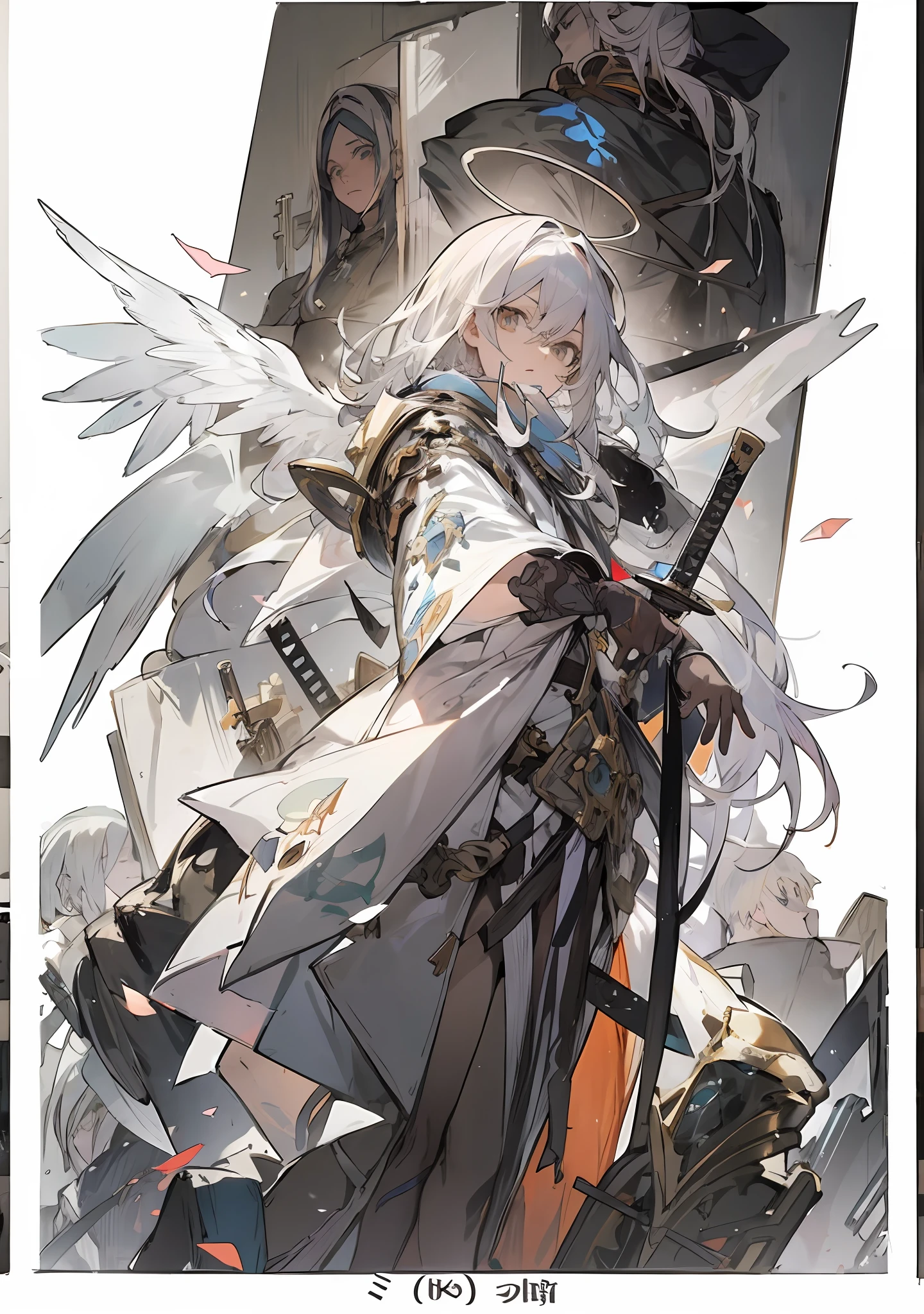 anime characters are standing in front of a wall with a sword,  light novel cover art, Epic light novel art cover, Detailed key anime art, ethereal anime, White-haired god, best anime character design