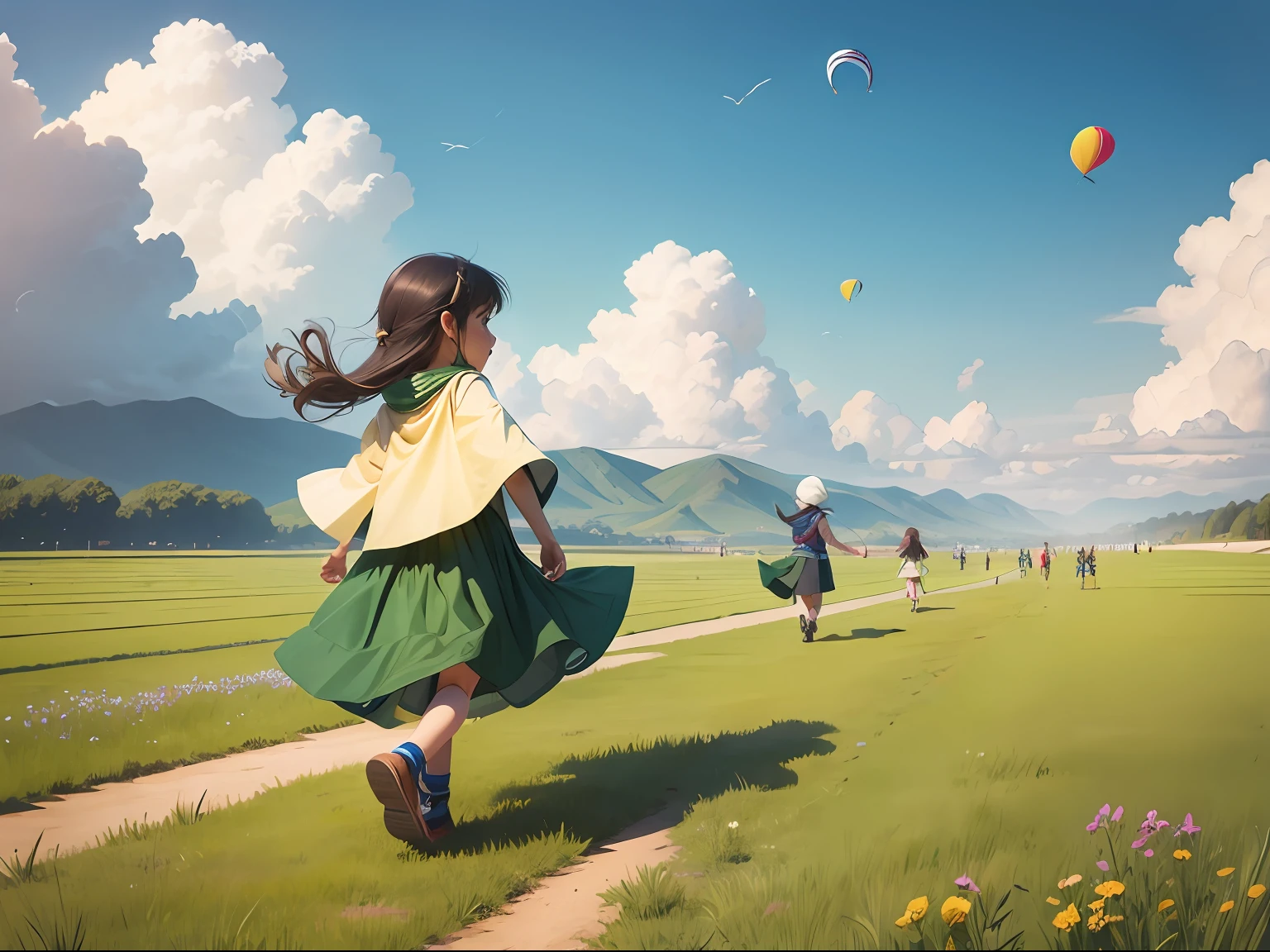 Main kite,Lots and lots of kites,Kite Festival,A large meadow,enviroment,scenery,exteriors,Dashing child,rays of sunshine,Children,springtime,Light wind,green color,designs,illustration,planar,Large viewing angle, --auto