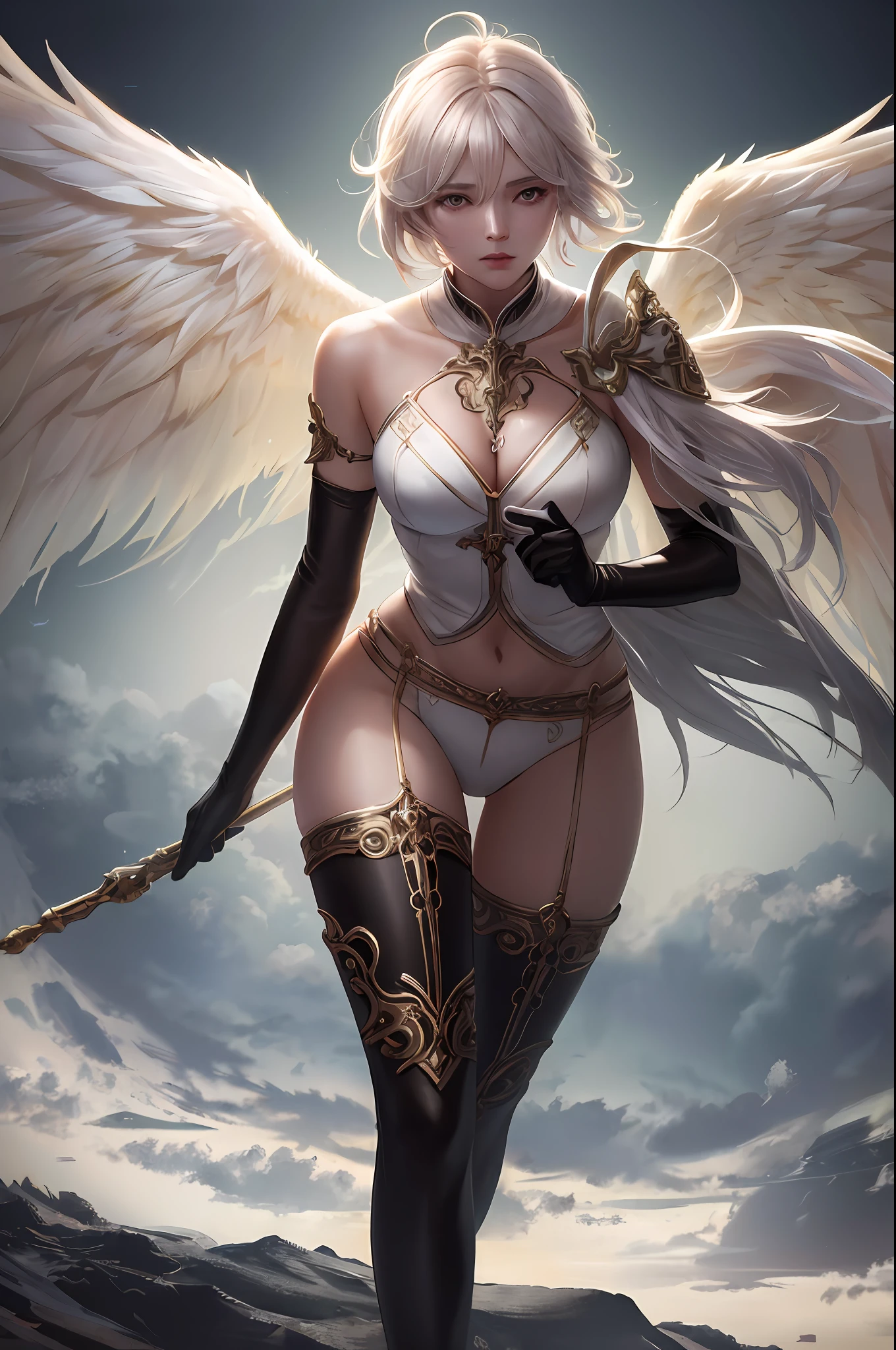 ((masterpiece, ultra detailed)), concept art, illustration, 1girl, solo, wings, angel, white hair, short hair, yellow eyes, seductive, goddess, (stunningly beautiful), medium breasts, beautiful face, beautiful eyes, hovering on the air, fit, abs, knee boots, stockings, elbow length gloves, elbow gloves, bodysuit, hair ornament, dark theme, volumetric lighting, godrays, dramatic cinematic lighting, dark lighting, (ornate), intricate, digital art, hyper realistic, rendered by octane, trending on artstation, award winning, fascinating, elegant, RAW photo, absurdres, 8k uhd, close-up