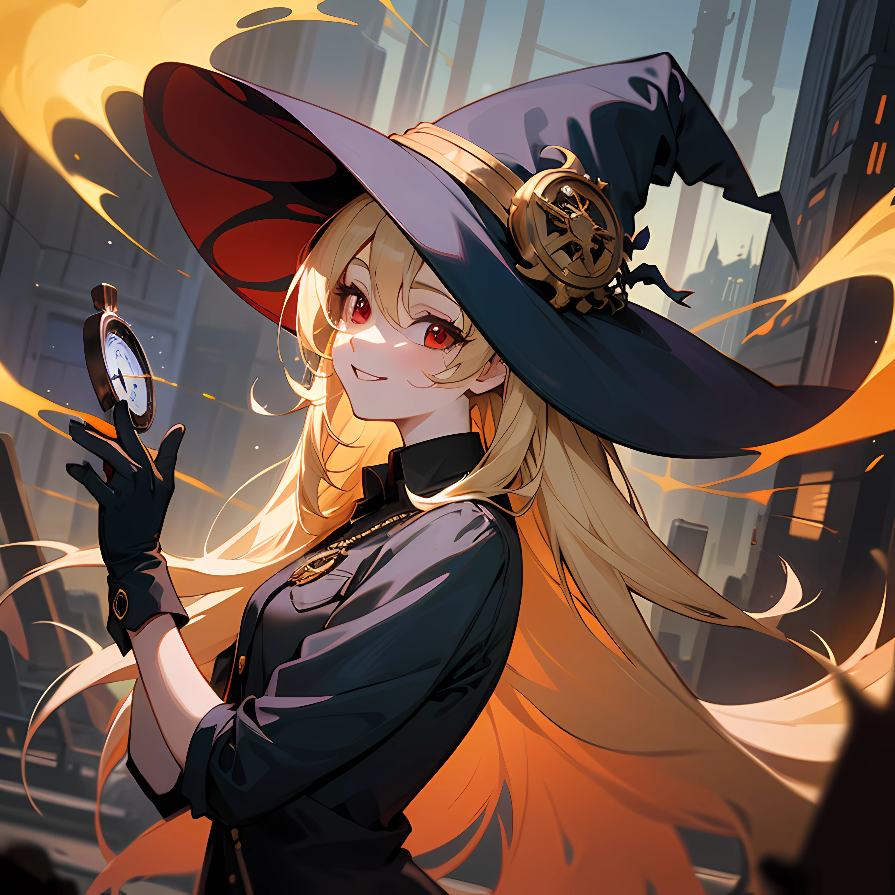 masterpiece, best quality, ultra-detailed, illustration, 1girl, focus on character, upper body, from side, close to the camera
magnificent, witch hat, red eyes, blonde hair, crazy smile, gloves, pocket watch, black clothes, crazy smile, black clothes,
golden beam, flame effects, chaos, surround by flame,
city, ruins, dusk