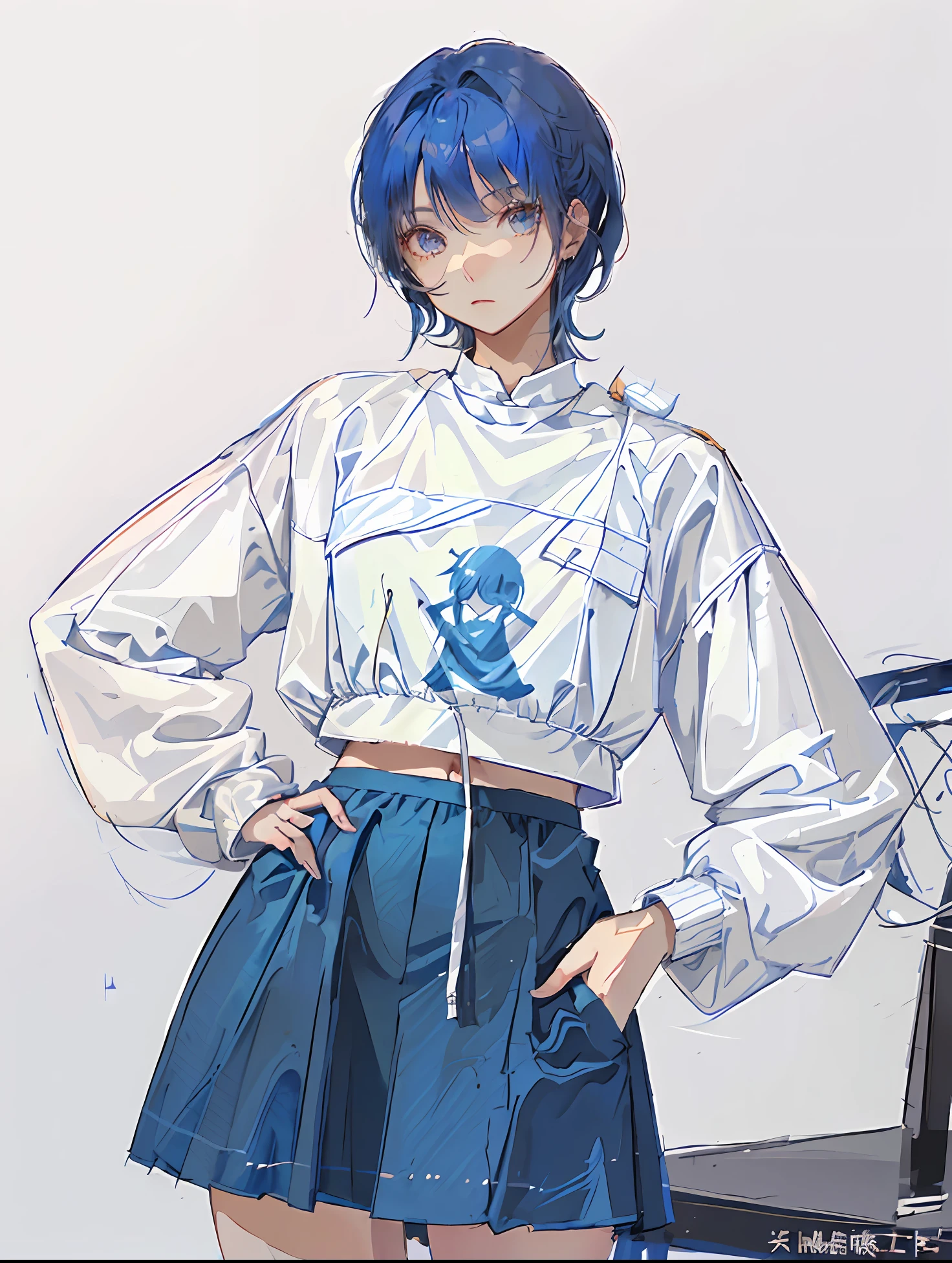 Anime girl posing for photo in white shirt and blue skirt, cropped shirt with jacket, tiedshirt, Cute casual streetwear, Style anime, Casual clothes, fantasy style clothing, casual modern clothing, Short jacket, white trendy clothes, Japanese clothes, casual clothing style, y 2 k style, Y2K style, Casual clothing, full bodyesbian