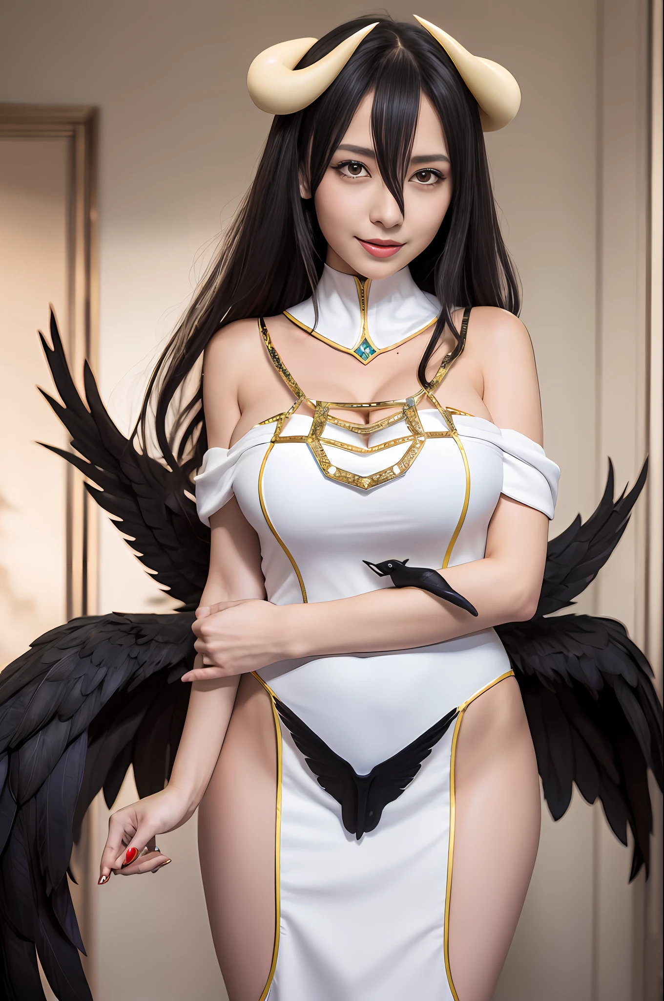 ​masterpiece, top-quality, hight resolution, AL1, demonic horns, Slit pupil, white glove, robe blanche, bare shoulders​, Detached collar, cleavage of the breast, Black wings, Feathered wings, low wings, cowboy  shot, is standing, a smile, dungeon, evil smile,albedo