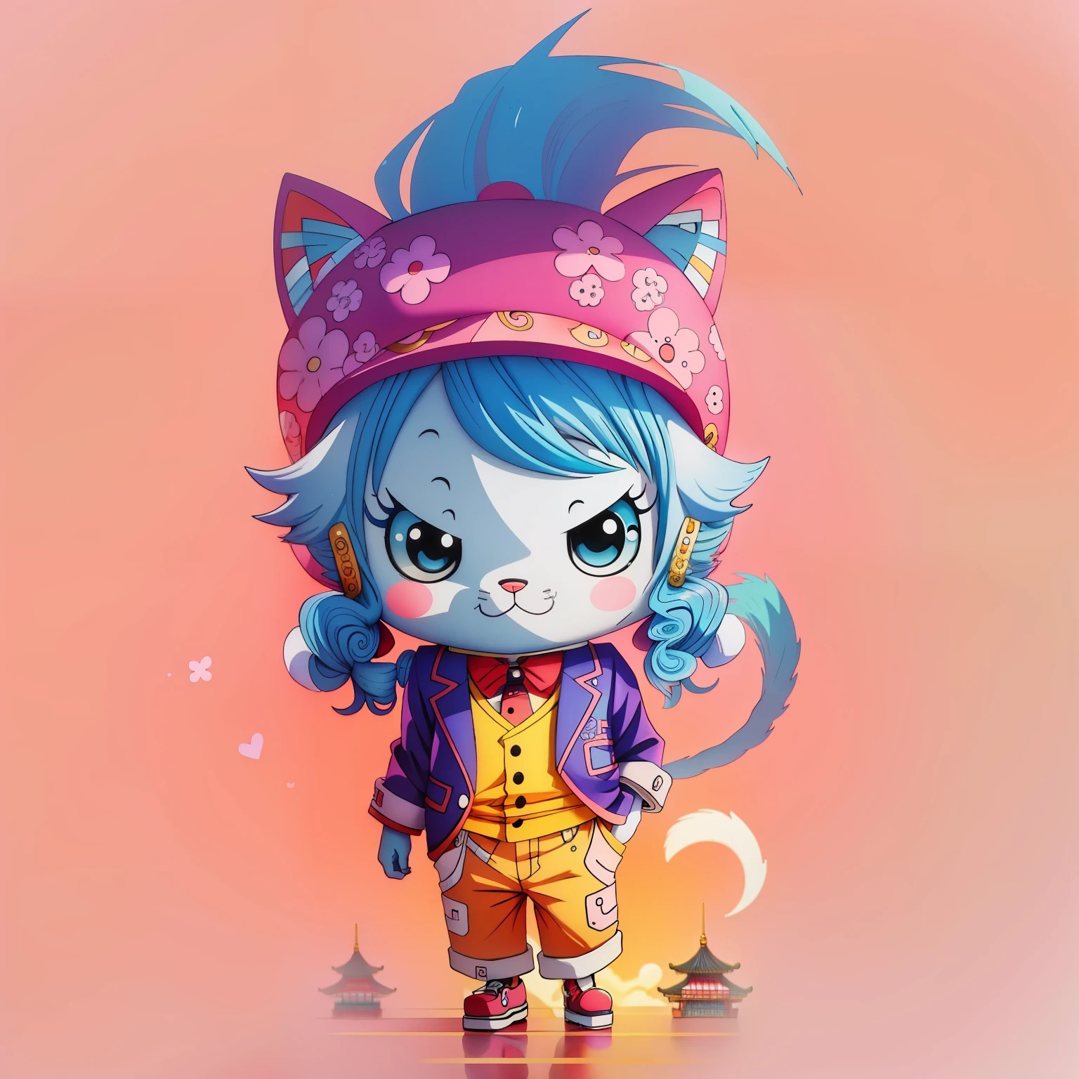 One Piece style, Cute, cat, Hat, Hair, Blue hair, Pink background, Cute detailed digital art, advanced digital chibi art, Chibi Art, Beeple and Jeremiah Ketner, lovely digital painting, adorable digital art, cute anime catgirl, cute character, Cat girl, Cat woman, style of anime4 K, world boss kitten。Shanghai Mansion,China-style,majestic architecture,Fresh sky。