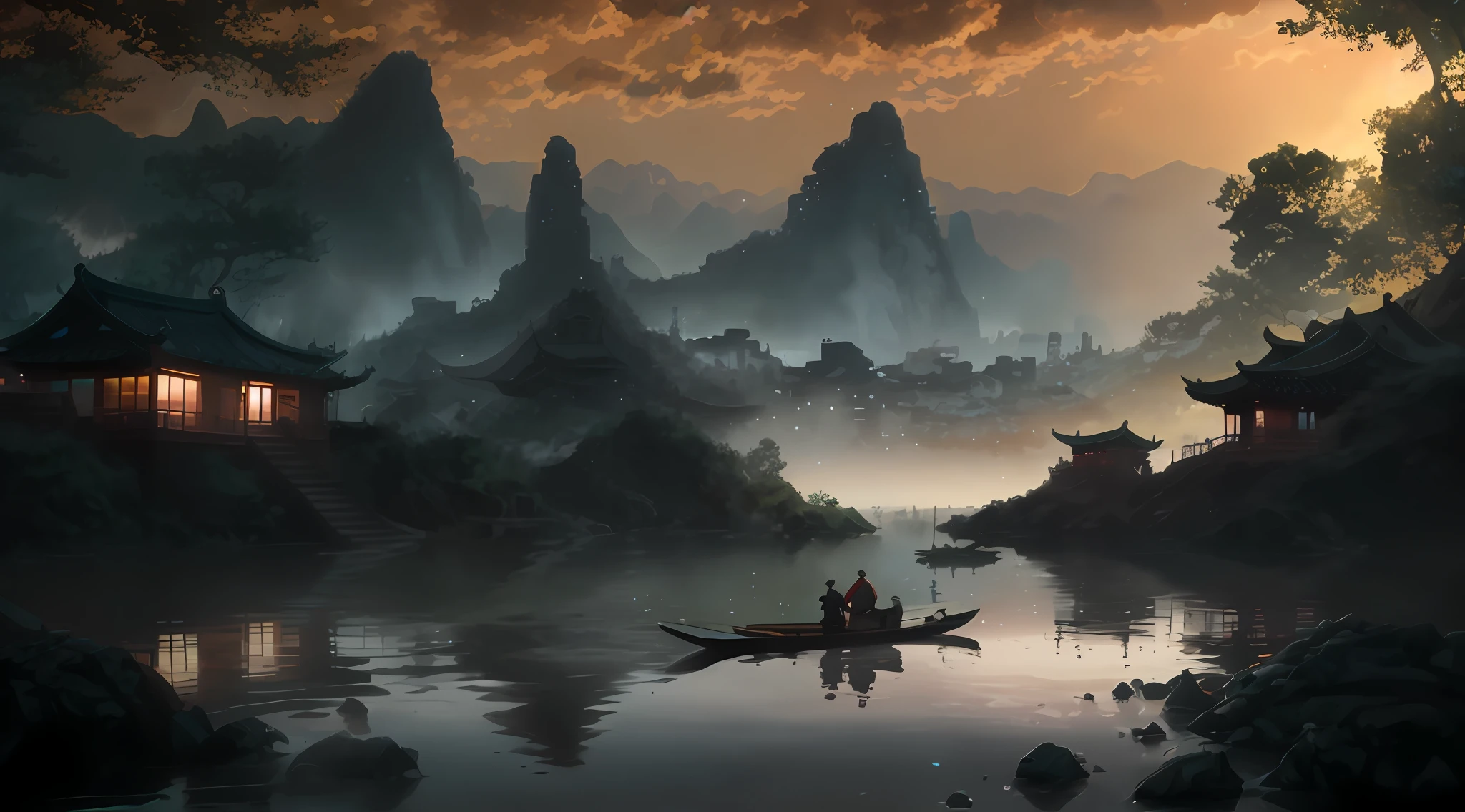 Fisherman on a river boat, by Yang J, 4K highly detailed digital art, detailed painting 4 k, inspired by Raphael Lacoste, 4k HD Matte Digital Paintings, chinse landscape, inspired by Fenghua Zhong, detailed scenery —width 672, Authors：by Qu Leilei, inspired by Andreas Rocha, Authors：Song Xu