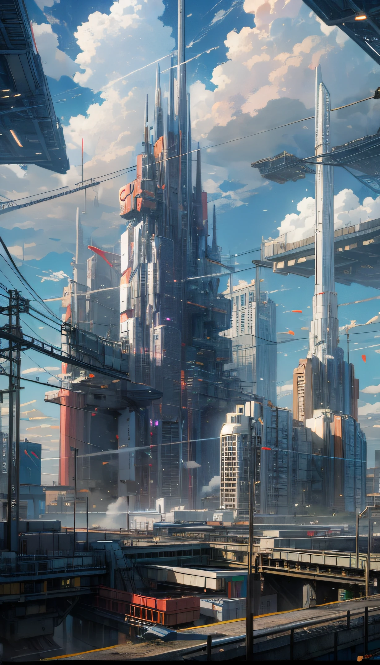 sci fi city,Futuristic metropolis view,Shining with brilliant lights,There are speeding trains in the foreground,Towering giant towers are numerous,Virtual digital art,A stunning sci-fi city,Detailed drawn anime cityscape。