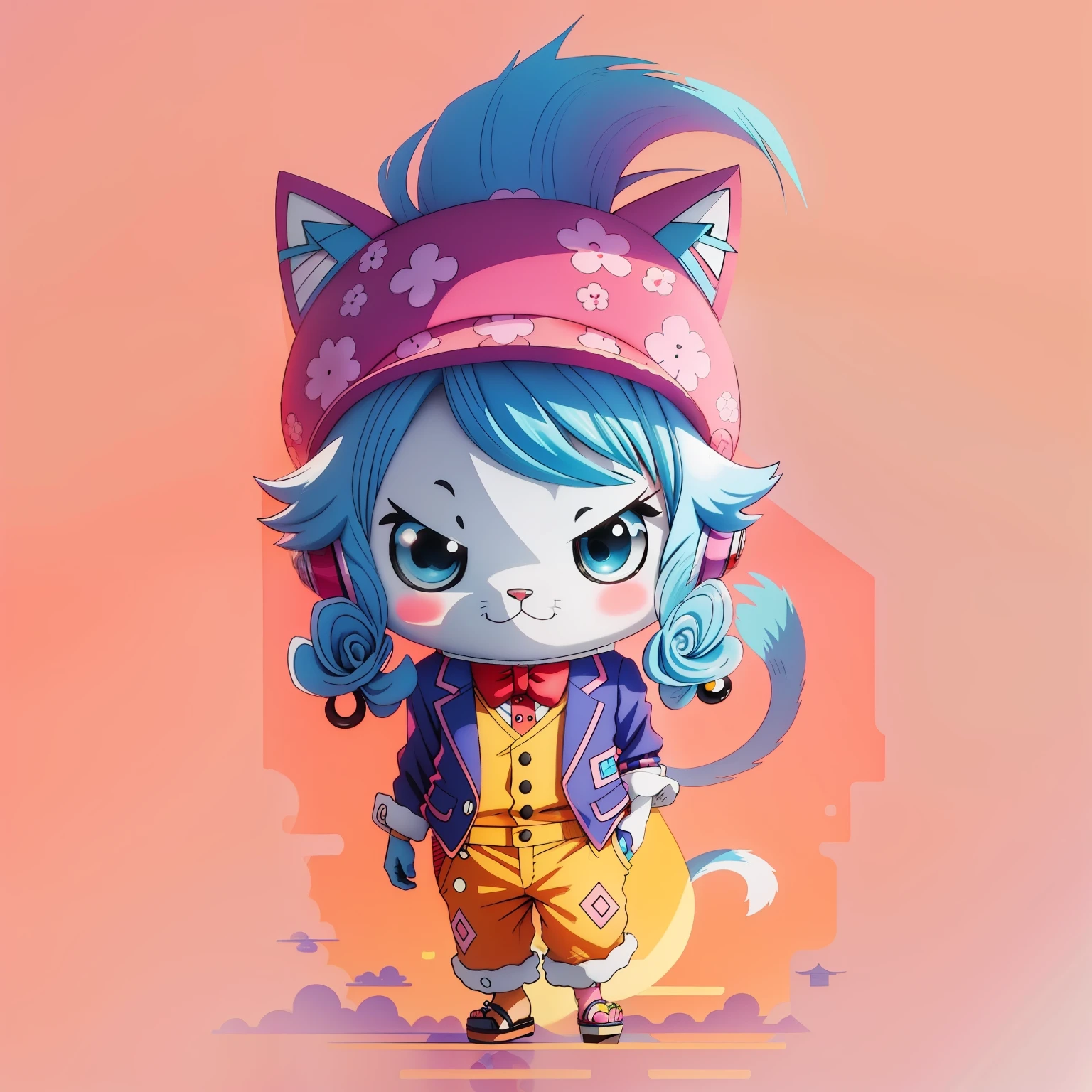 One Piece style, Cute, cat, Hat, Hair, Blue hair, Pink background, Cute detailed digital art, advanced digital chibi art, Chibi Art, Beeple and Jeremiah Ketner, lovely digital painting, adorable digital art, cute anime catgirl, cute character, Cat girl, Cat woman, style of anime4 K, world boss kitten。Shanghai Mansion,China-style,majestic architecture,Fresh sky。