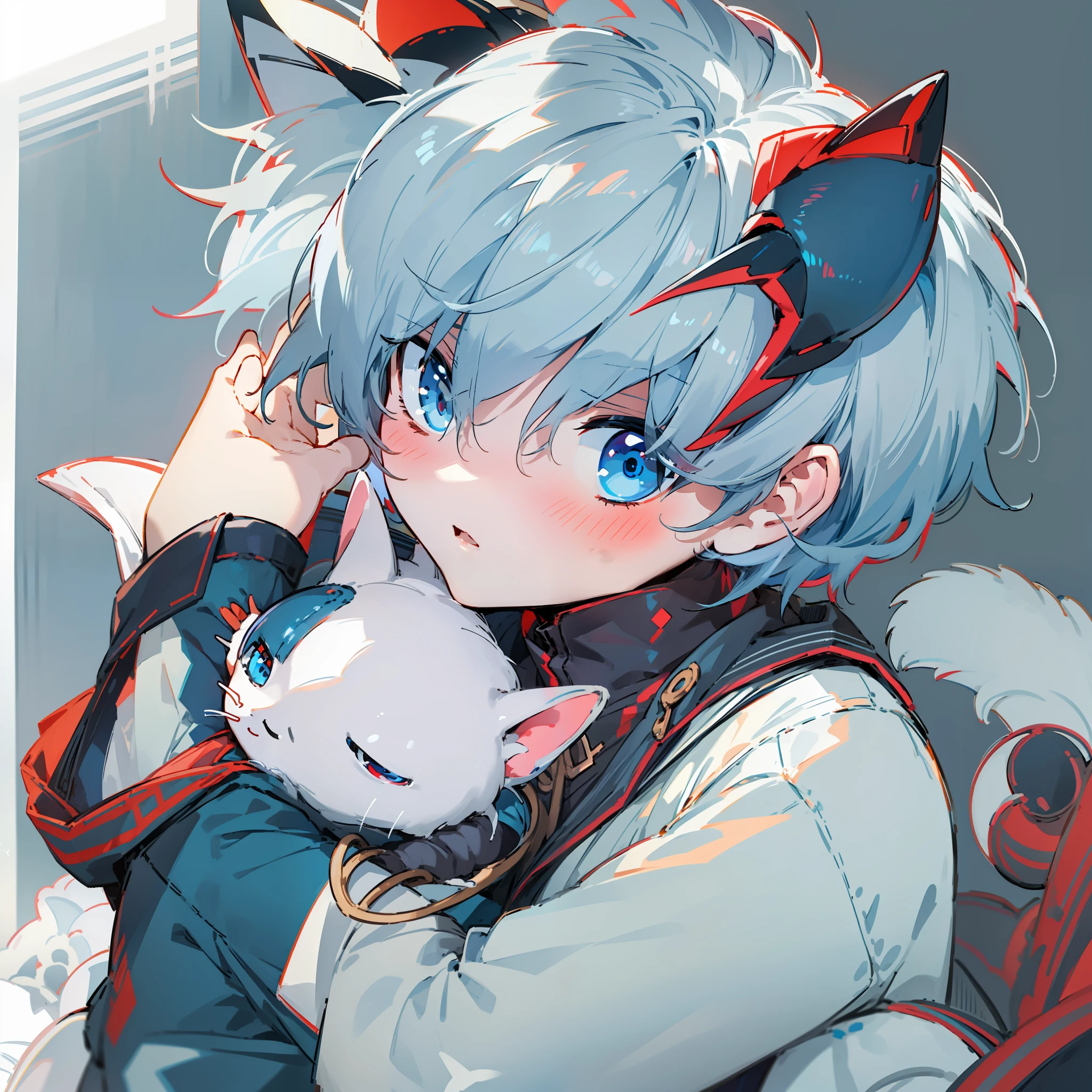 Shota,leisure wear,white skinned,Be red in the face,dark-blue hair,blue color eyes,tilts your head,A half body,whitestocking,cat ear,quadratic element,adolable,is shy,sprout,Need,younge boy