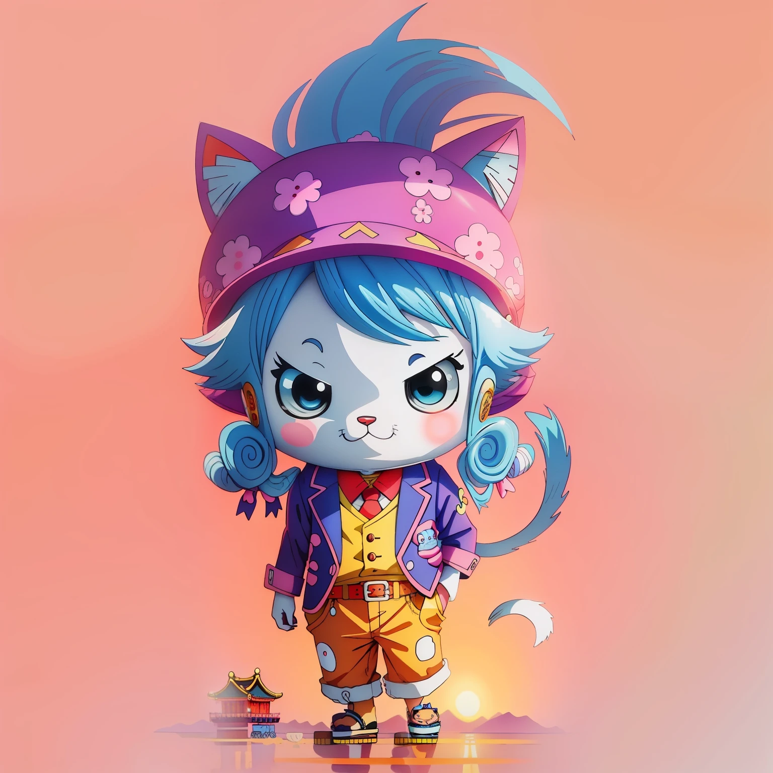 One Piece style, Cute, cat, Hat, Hair, Blue hair, Pink background, Cute detailed digital art, advanced digital chibi art, Chibi Art, Beeple and Jeremiah Ketner, lovely digital painting, adorable digital art, cute anime catgirl, cute character, Cat girl, Cat woman, style of anime4 K, world boss kitten。Shanghai Mansion,China-style,majestic architecture,Fresh sky。