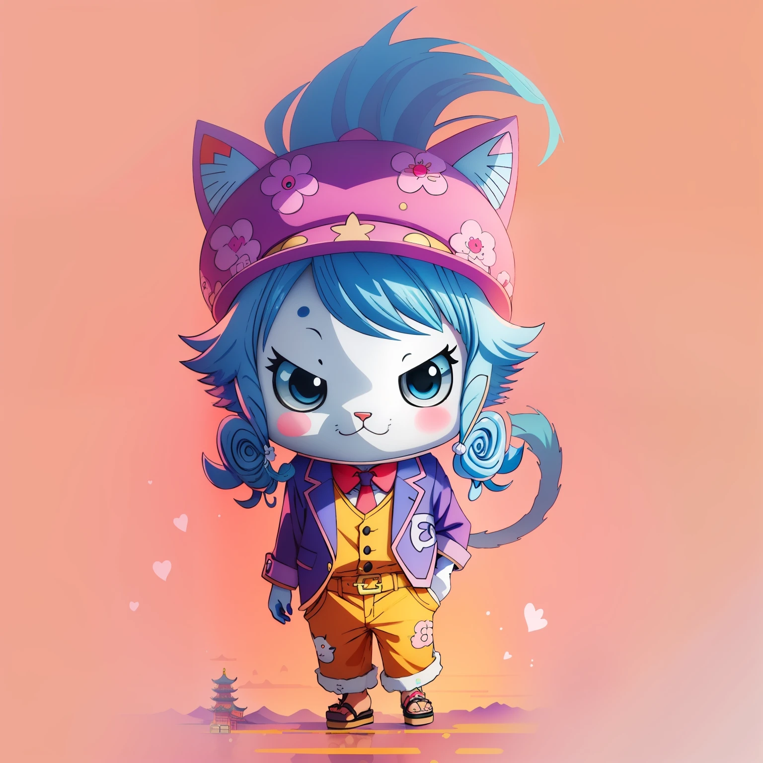 One Piece style, Cute, cat,  Hat, Hair, Blue hair, Pink background, Cute detailed digital art, advanced digital chibi art, Chibi Art, Beeple and Jeremiah Ketner, lovely digital painting, adorable digital art, cute anime catgirl, cute character, Cat girl,  Cat woman, style of anime4 K, world boss kitten。Shanghai Mansion，China-style，majestic architecture，Fresh sky。