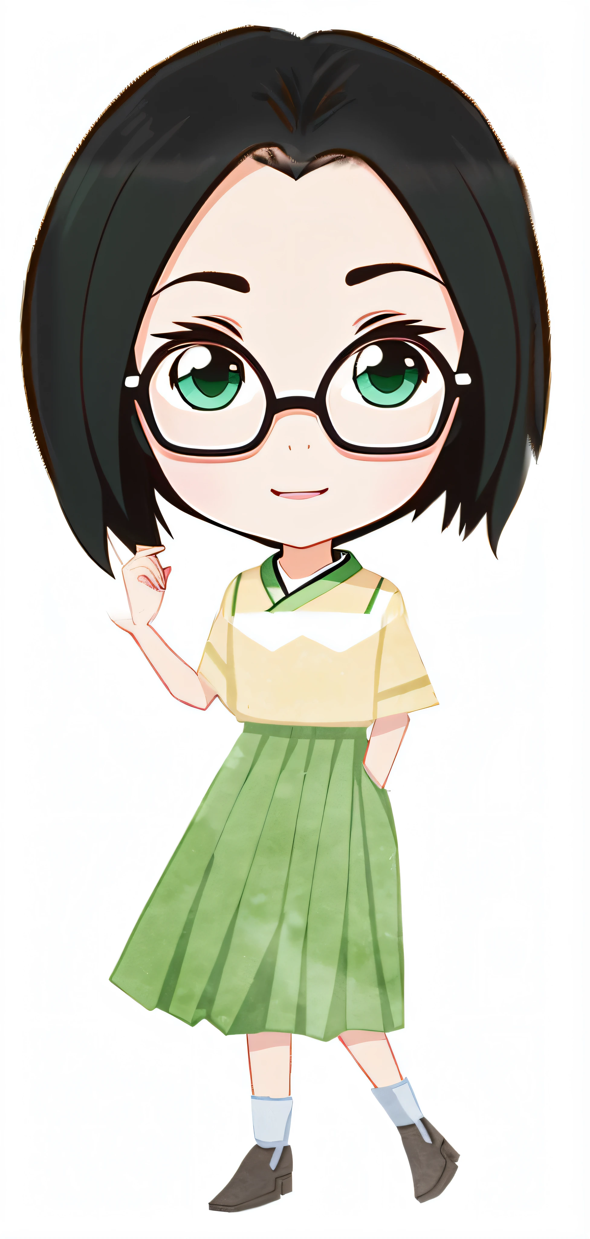 Cartoon girl with glasses and green dress, inspired by Takehisa Yumeji, inspired by Ma Yuanyu, mitsumayo, chibi girl, chiho, chihiro! fujisaki, harumi, half-body portrait, !!Wearing glasses!!, Yoshitomo Nara, in an anime style, cute character, shikamimi