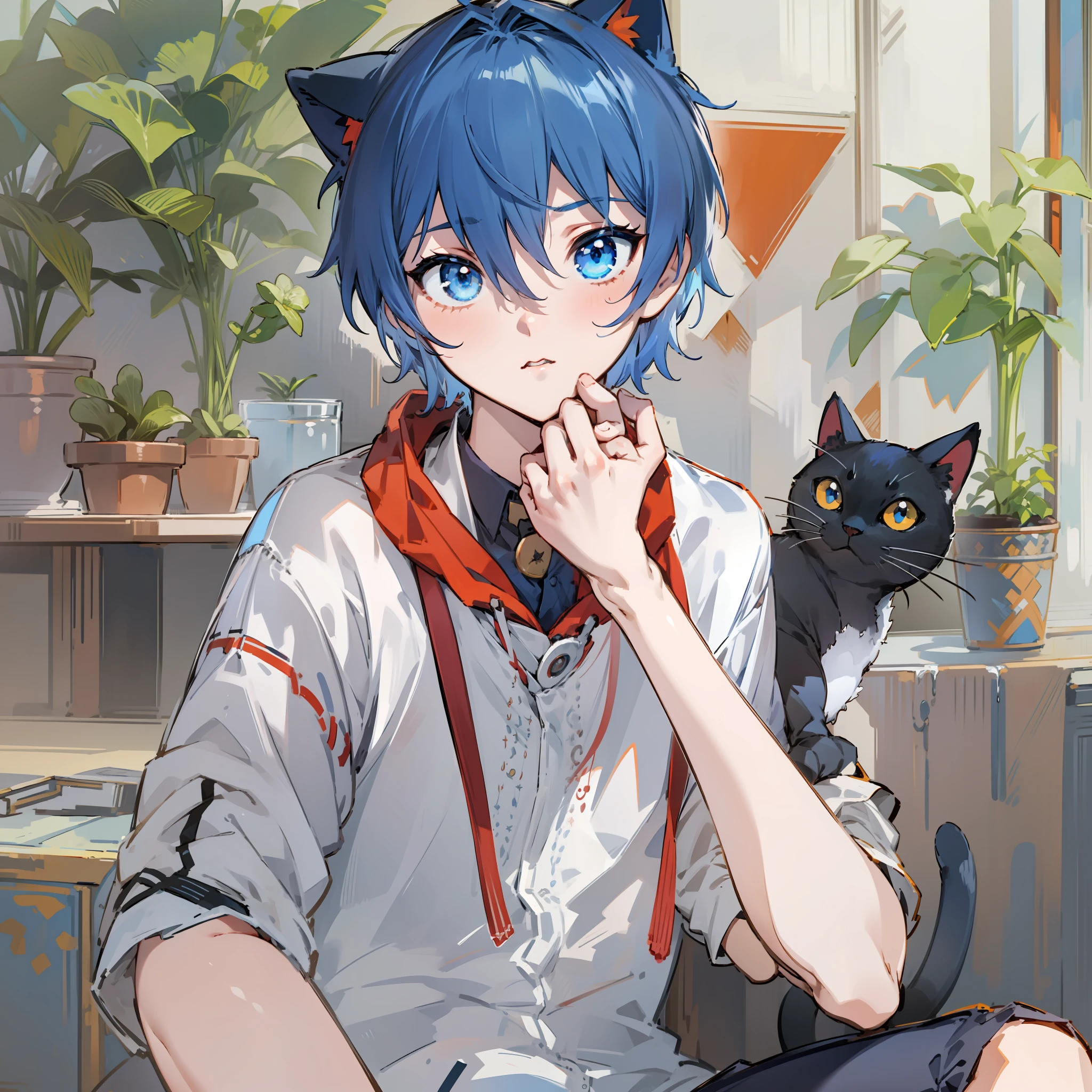 Shota,leisure wear,white skinned,Be red in the face,dark-blue hair,blue color eyes,tilts your head,A half body,whitestocking,cat ear,quadratic element,adolable,is shy,sprout,Need,younge boy