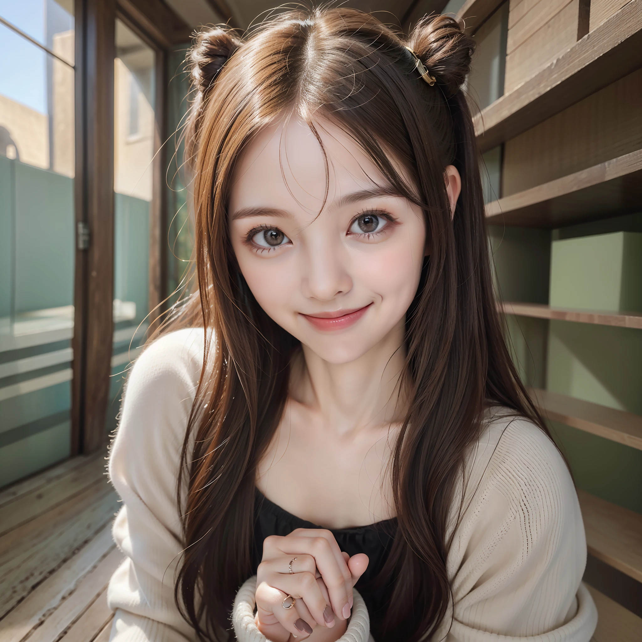 8K、top-quality、​masterpiece:1.2)、(reallistic、Photorealsitic:1.37)、The ultra-detailliert、、cute little、(a smile:1.1)、、beautidful eyes、(Long)、faces