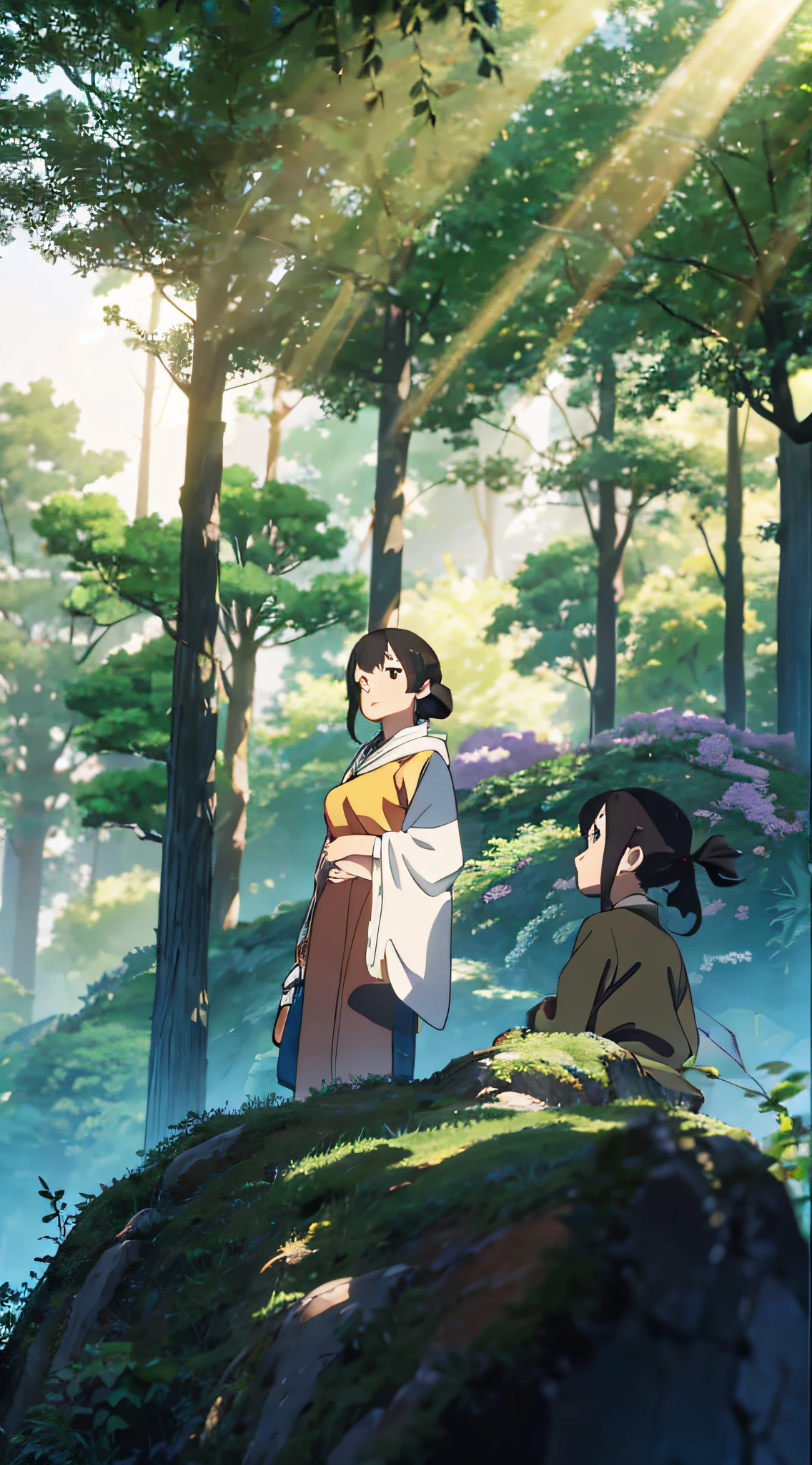 8k hdr,The shade of a tree,There is sunlight shining on it, Sunlight shines through the leaves,Beautiful sense of light,Look up at the composition,Ghibli Studio Environment,Studio Ghibli Sunshine,Detailed view – width 672,in style of hayao miyazaki,author:hiyao miyazaki,anime big breast,author:hiyao miyazaki,studio ghibli composition