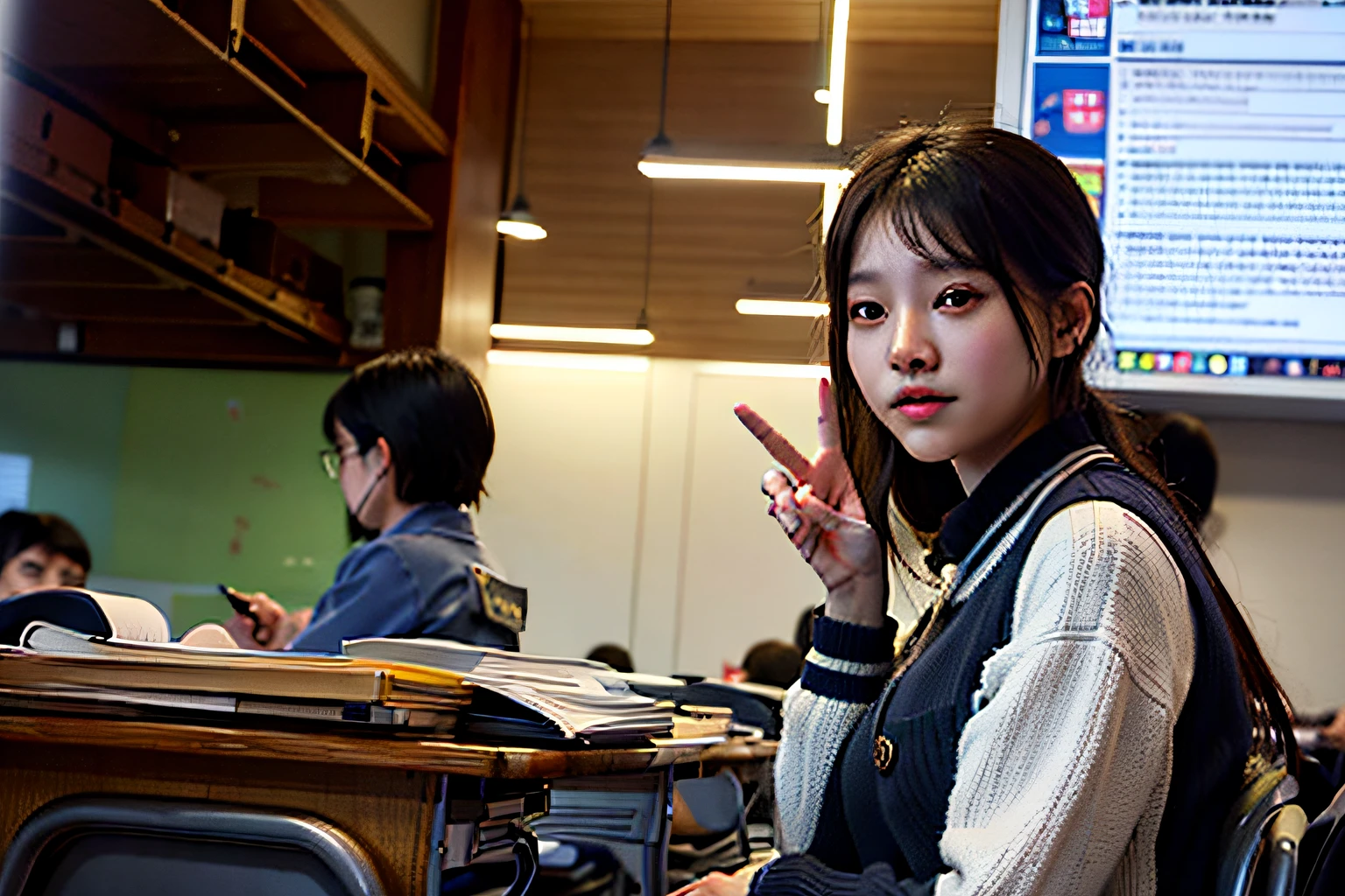 There was a woman sitting at her desk,raised his hand, Student, jaeyeon nam, Japan High School, Sitting in the classroom, Korean girl, In a classroom, standing in class, jung gi kim, jiyun chae, with index finger, Art student, Kim Hyun-joo, shin min jeong, In the school classroom, full subject shown in photo