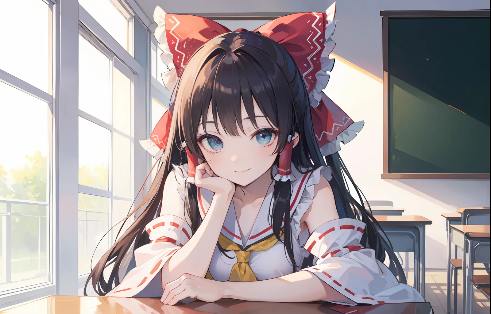 ((Hakurei Reimu)), ((best quality high resolution)), cowboy shot, looking at viewer, petite, twintails,long hair , blunt bangs , straight hair , light smile aqua eyes , medium breasts , bare arms,((serafuku )),black kneehighs, sitting ,((head rest )) ,clothed ((classroom)) ,