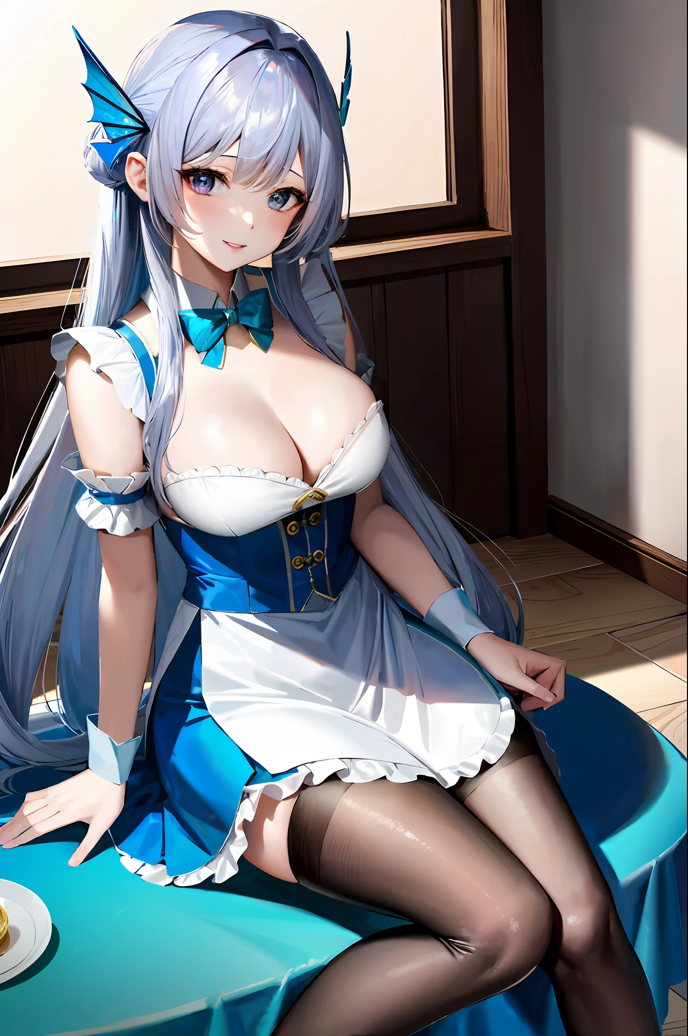 (tmasterpiece:2.0,best qualtiy),(Fine beautiful eyes:2.0),ph_REM,Remhd,1girll,Blue hair,独奏,eBlue eyes,x hair accessories,Lace leg ornament,Bow knot,Long thick socks,lacepantyhose,ta heels,Lolihoes,Rossvale Mansion maid uniform,full bodyesbian,Two hands,Two legs,Photo art,maidennurse,Skysky,rays of sunshine,the trees,wave,