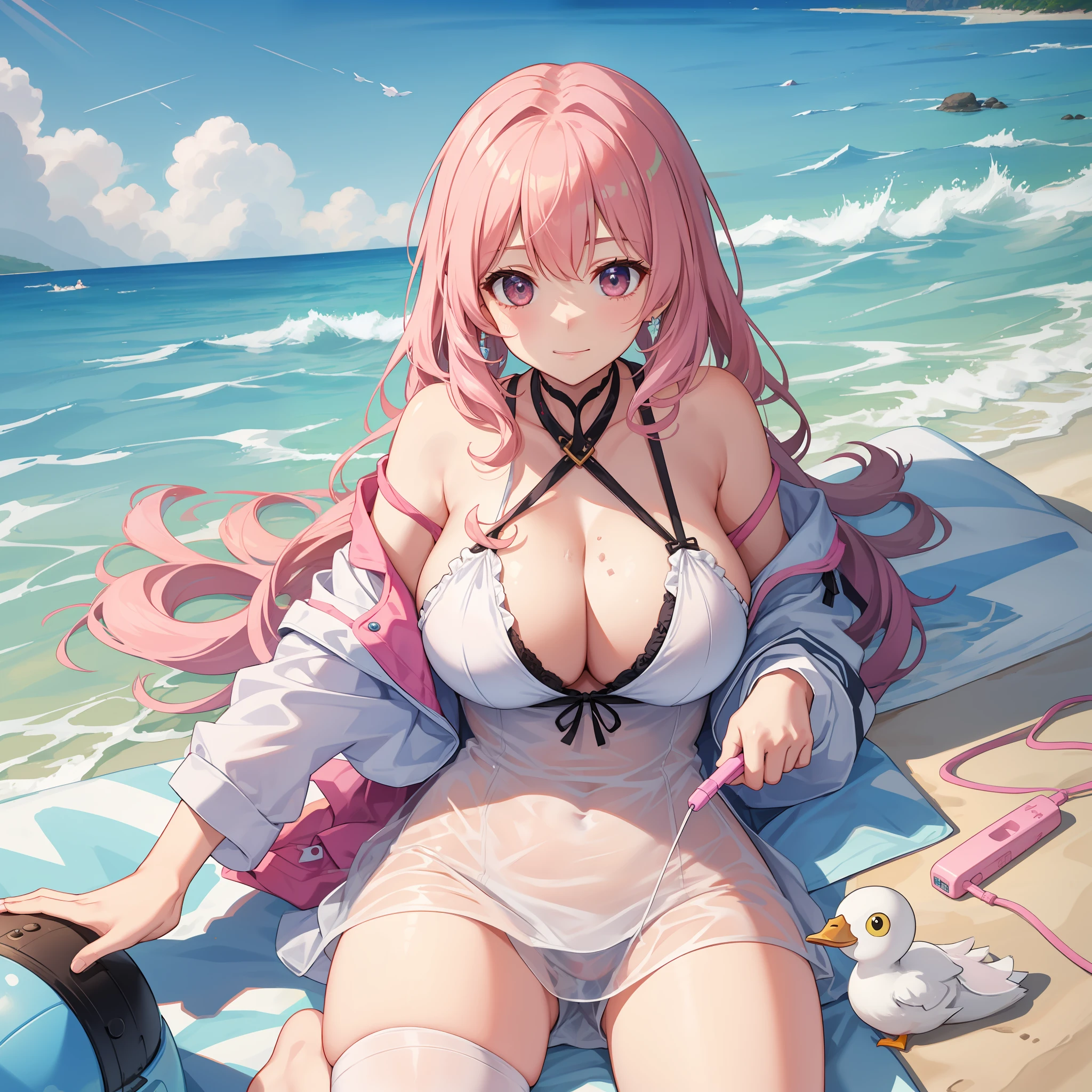 baby pink hair，quadratic element，huge tit，ssmile，white straitjacket，beachside，duck sitting，Beth，Soak clothes，Lying on the sea，A vibrator is held between the chests，The expression of having 