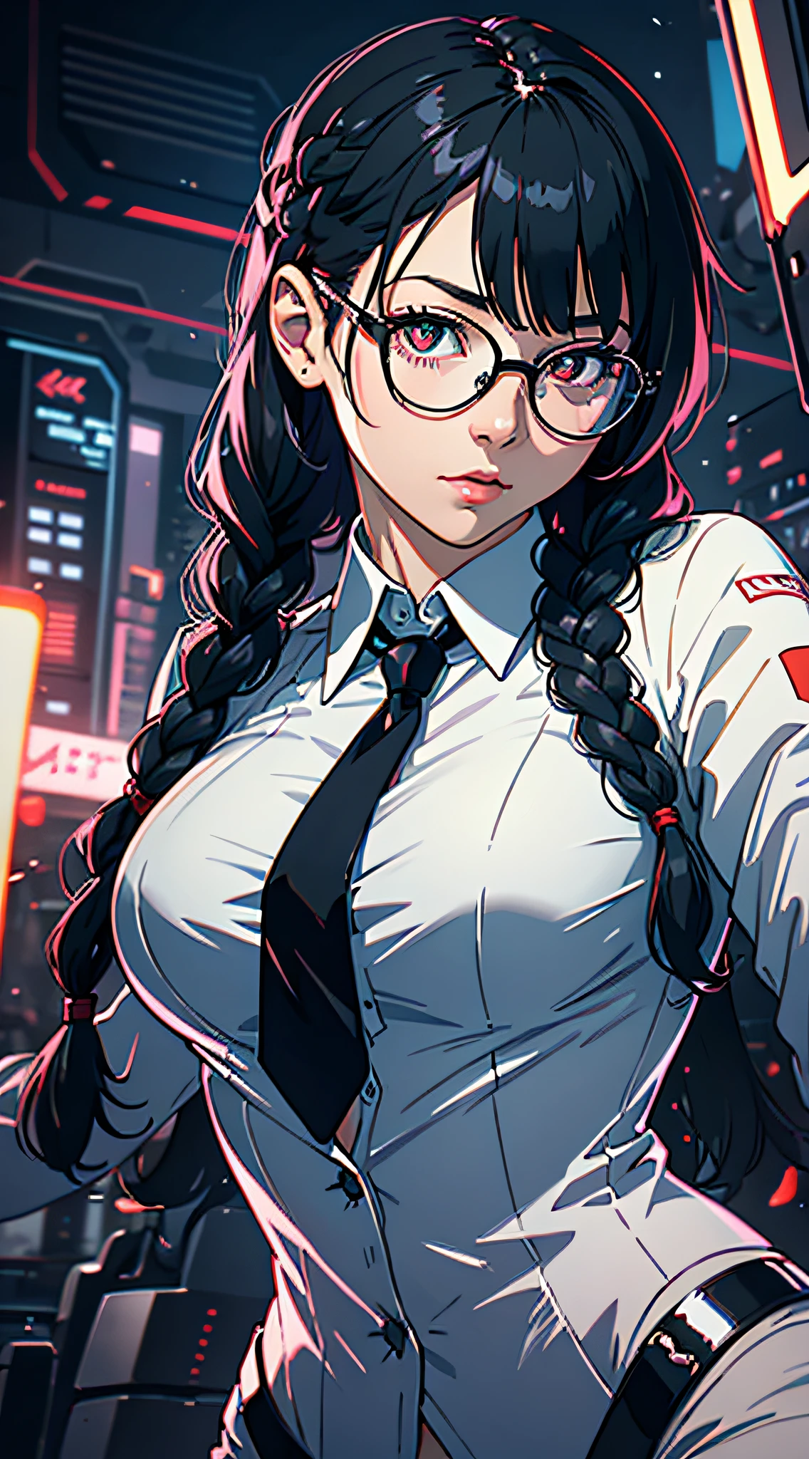 1girll,Black color hair,Twist braids,Qi bangs,red pupils,Round glasses,beauitful face,crisp breasts,Convex buttocks,in a white shirt,red necktie,Black suit,White heels,There are floating missile-launching weapons on the sides of the body,sci-fy,cyber punk perssonage,perfectly proportioned, Cinematic lighting, filmgrain, Fuji colors, lightand shade contrast, 8K, 巨作, Textured skin, Super detail, high detal, High quality, A high resolution,