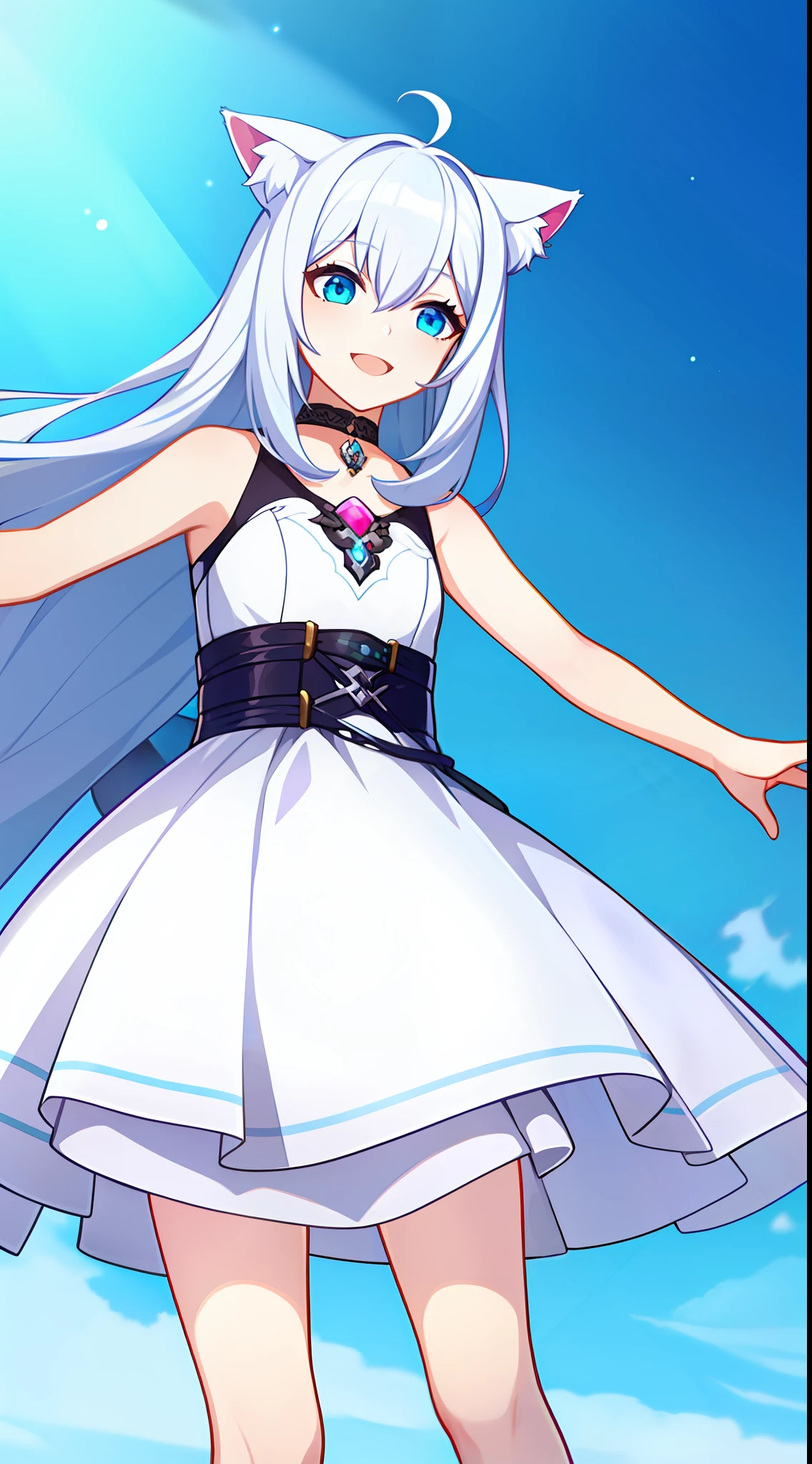 young girl, Long white hair, cat ears, Cyan eyes, ssmile, light dress, Sleeveless, jump, Masterpiece, hiquality