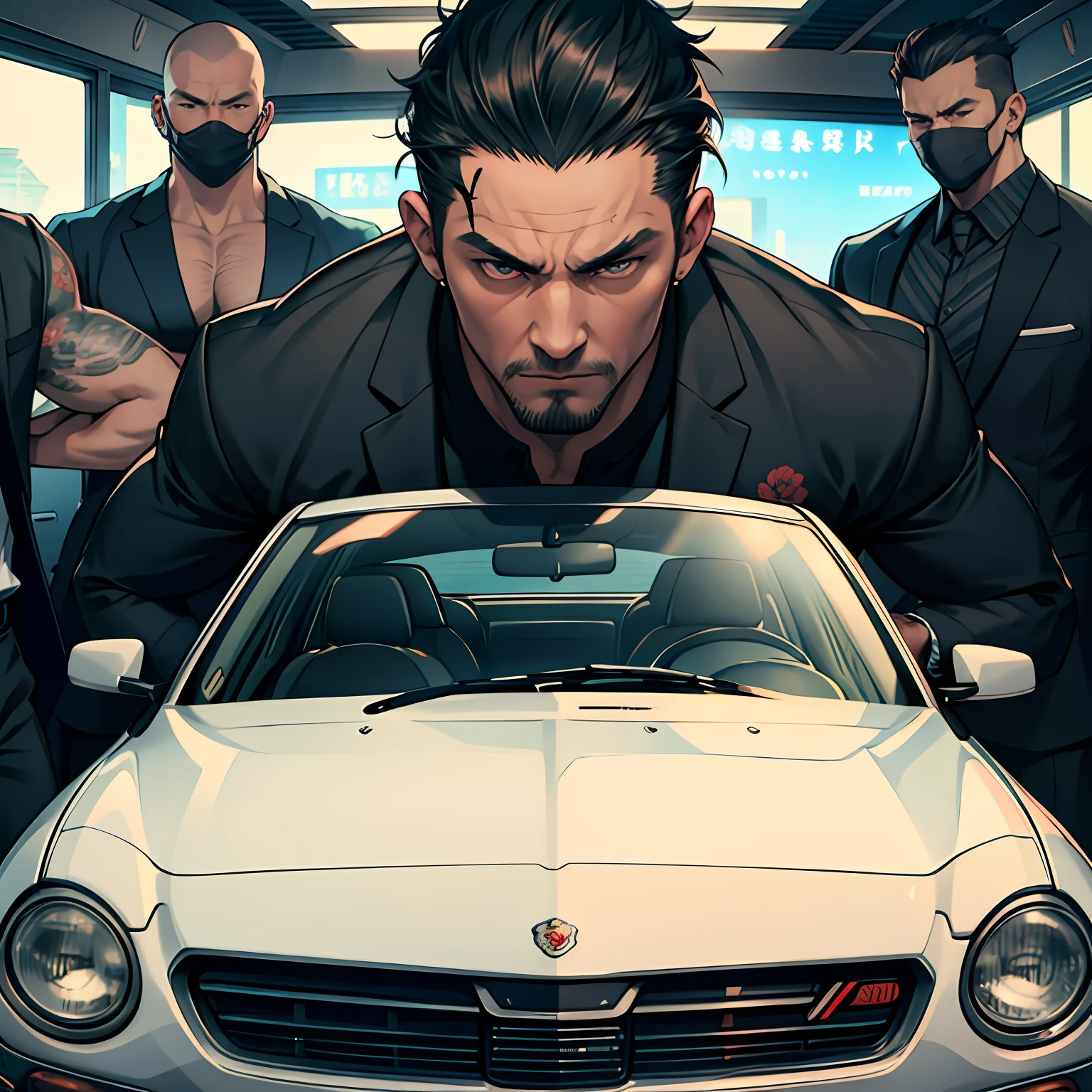 Five Yakuza in suit different, Front of the car, black, yakuza tattoo, The Perfect Car black, Perfect bodies, In costume, 5 Male Yakuza, highres, 8k, Best quality, super detail, detailed face and eye, 90s, epic  cinematic, dangerous man