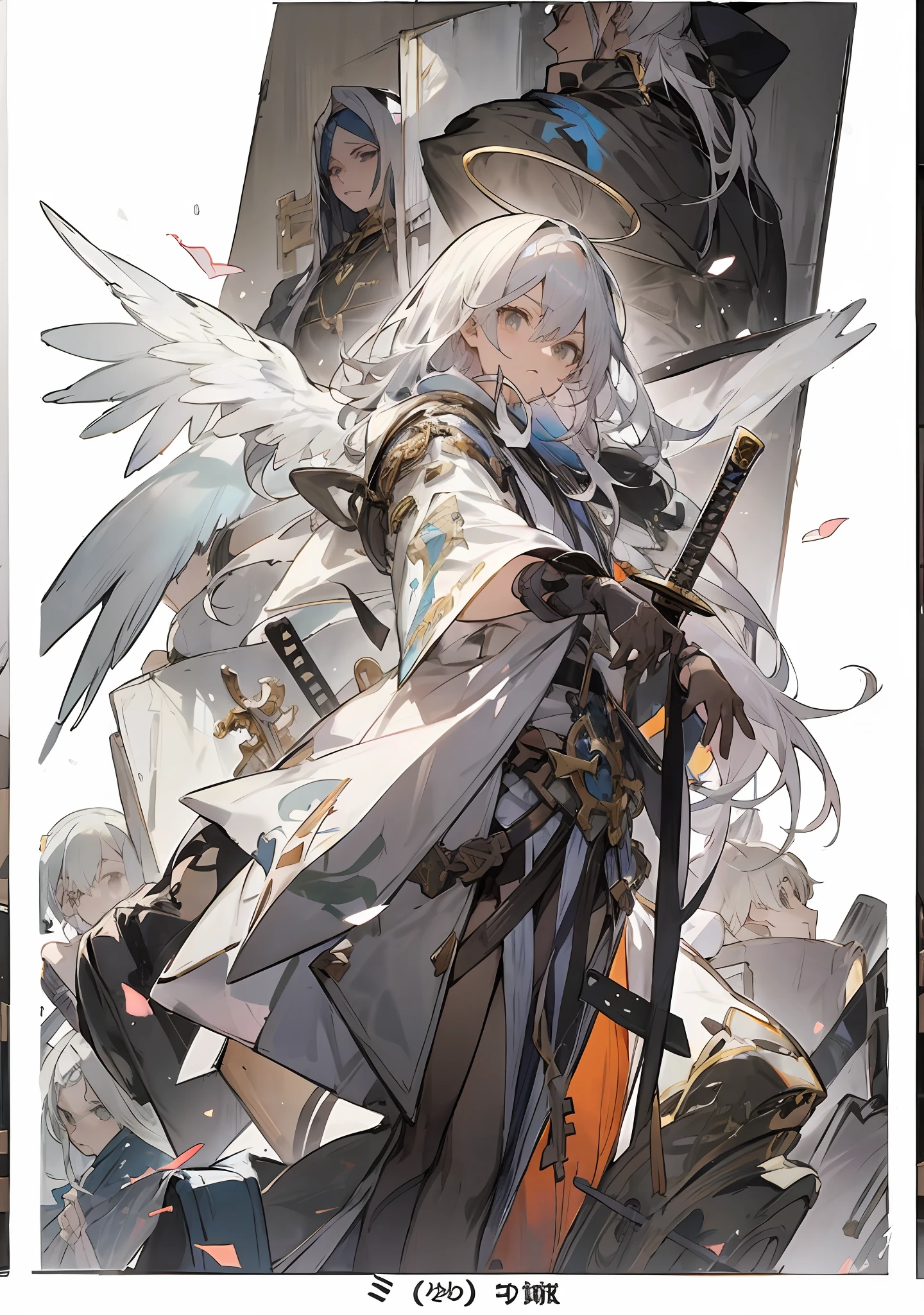 anime characters are standing in front of a wall with a sword, light novel cover art, Epic light novel art cover, Detailed key anime art, ethereal anime, White-haired god, best anime character design