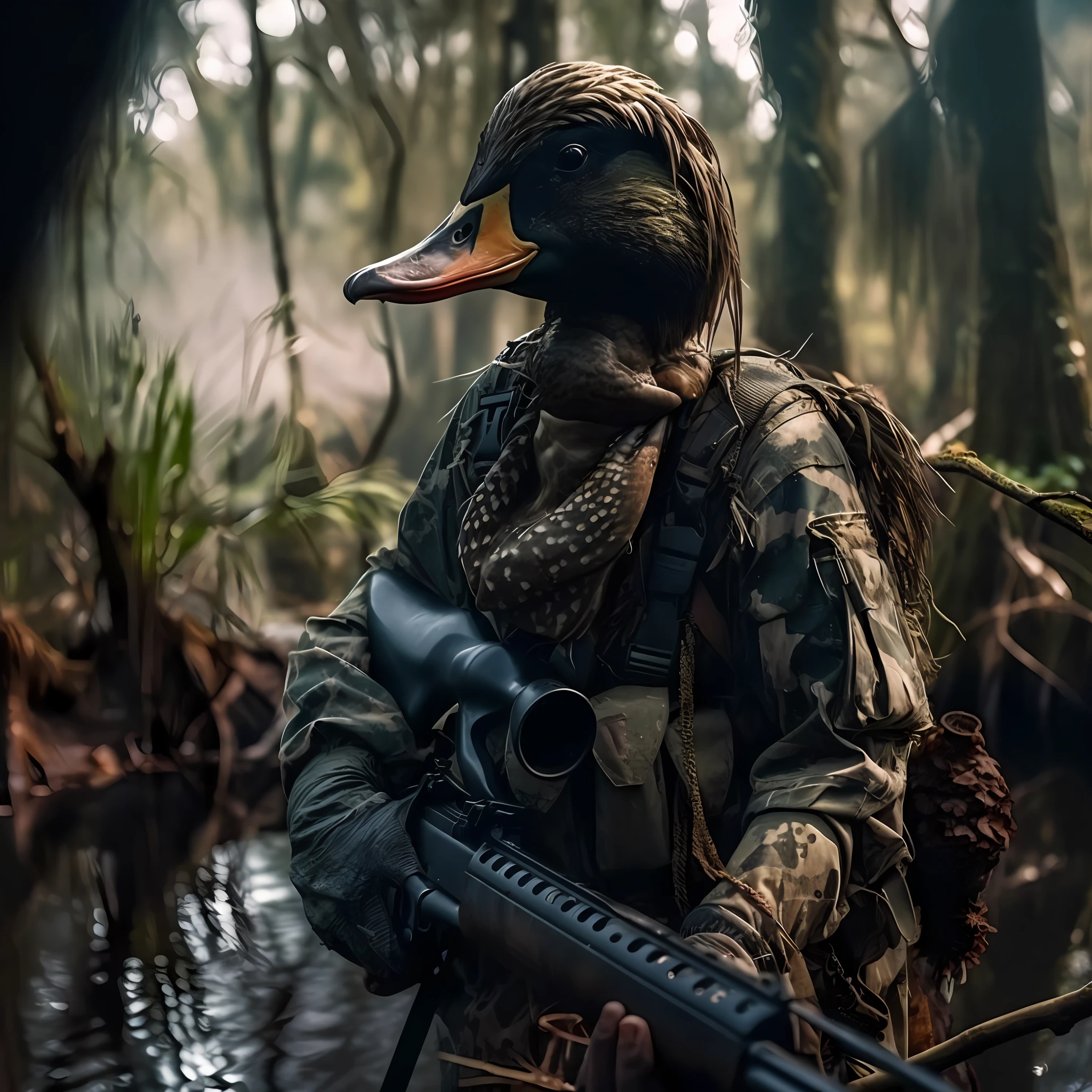 cockatiel,With rifles in swamps with trees, Armored parrot, Military photography, Combat and adventure photography, award winning shot, Fantasy parrot concept portrait, Camouflage equipment, award-winning shot, award - winning shot, close up portrait shot, portrait shooting, profile shot, award winning colorized photo