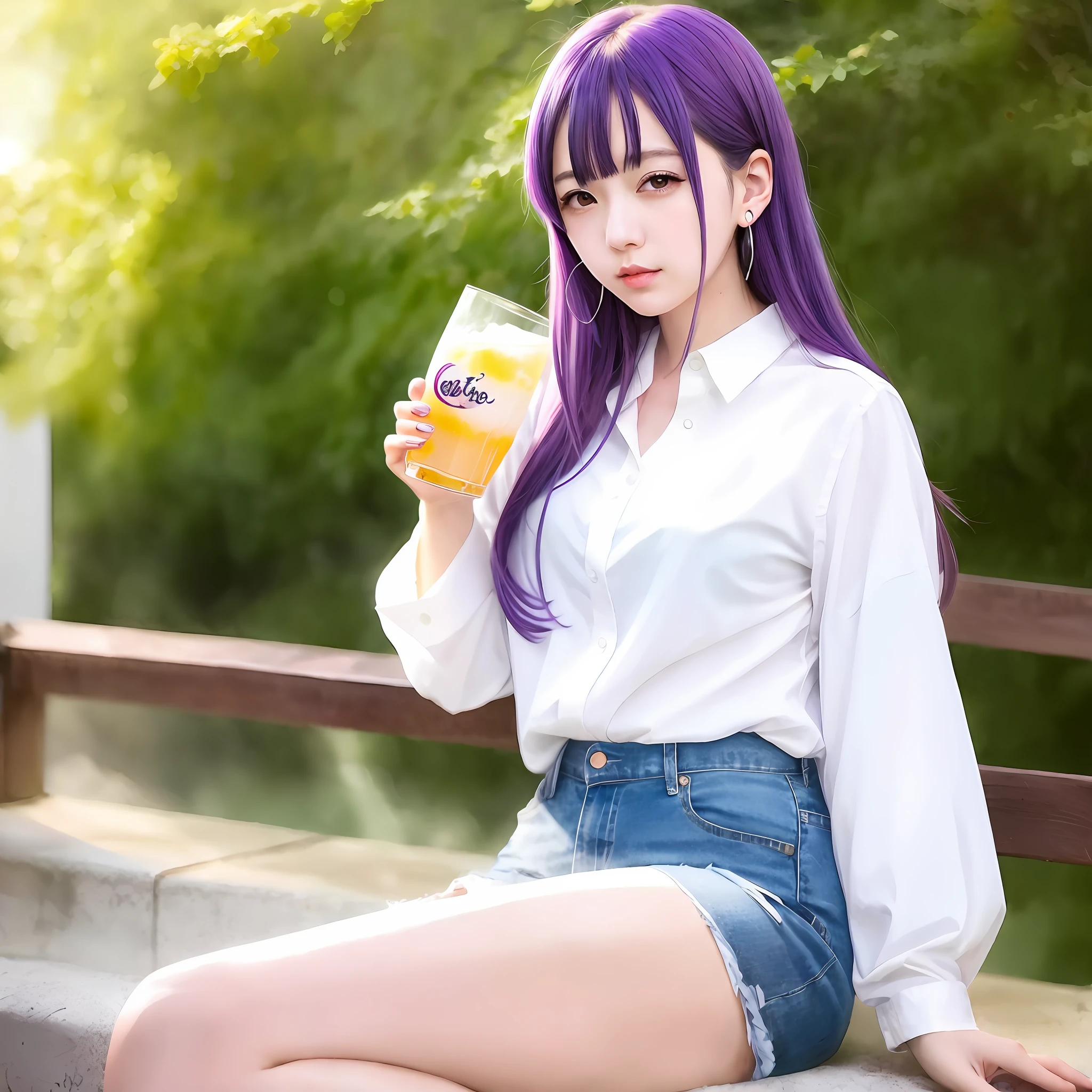 Anime girl with purple hair and white shirt holding drink, Photography Art Style, artwork in the style of guweiz,Photo Details Art, photo of beautiful artwork,  Digital Photograph,, detailed anime character art, watercolor painting style, digital anime art, guweiz,