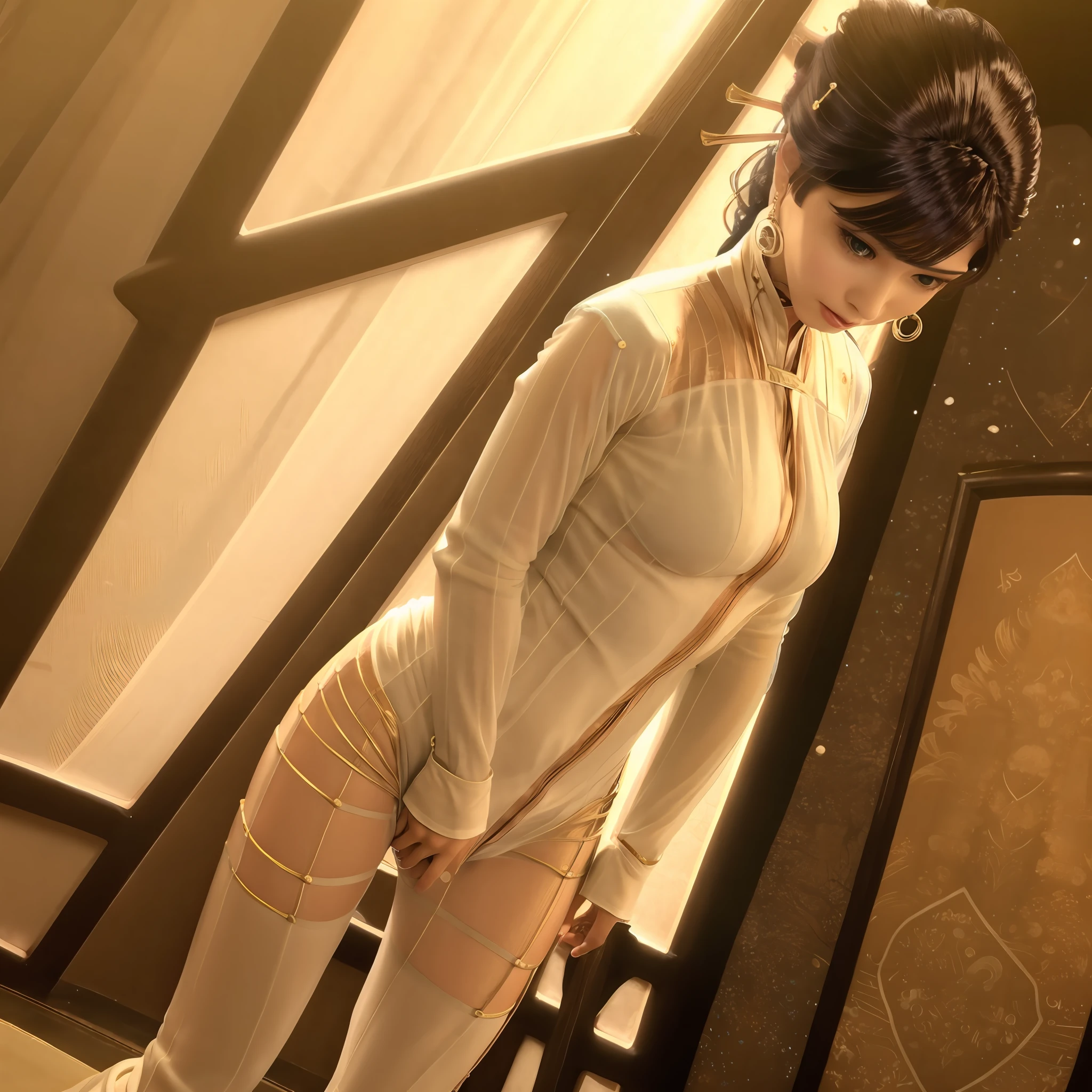 Asian beauty is fully in front，Wear sexy transparent pajamas to see through the curves of the body，Stand at the front door，facing the photo，Yellow light is emitted from the outer chamber，（brunette color hair，gorgeous figure） --auto