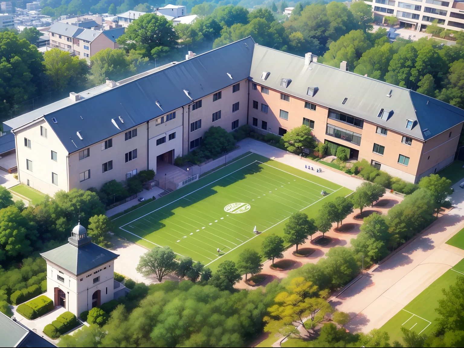 Aerial view of the school building with a football field in the middle, full building, private school, top - view, Japan High School, old school, photo taken from above, school courtyard, schools, American schools, aerial view from above, viewed from bird's-eye, school, ariel view, view from high, [ down view ]!!, aerial shot