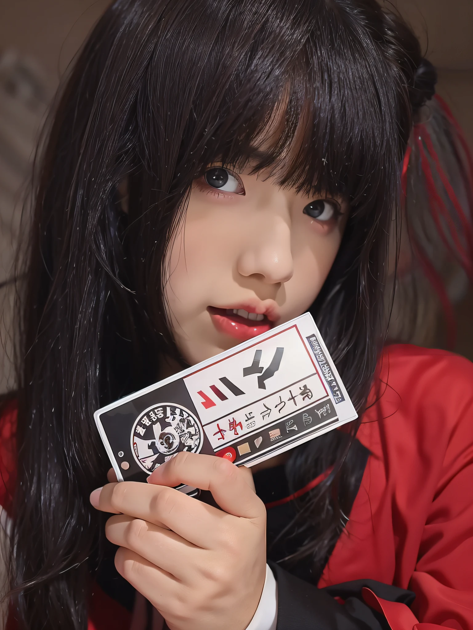 s girl,Stick out your tongue,Red and black uniforms,Full body photo,pleatedskirt,blacksilk,high-heels,Redlip