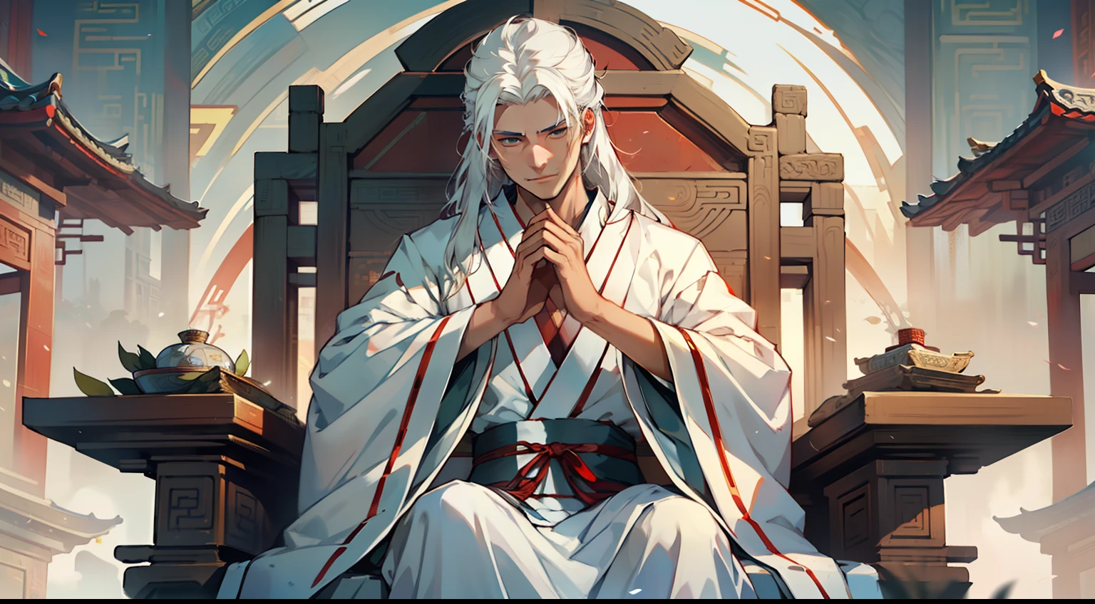 1. (1 person) The boy with (((white hair))), (((white Hanfu youth))), and (((long white hair))) sits on the sacred throne, exuding a kingly air. As he receives a system prompt, a faint smile appears on his face, radiating the regal dignity. (Background: The magnificent imperial palace of ancient China)