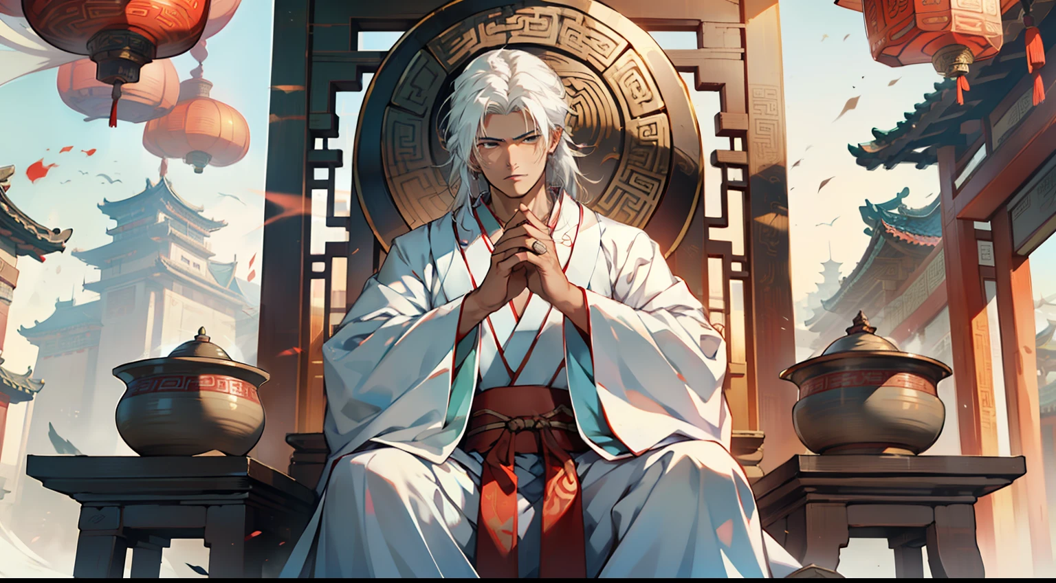 1. (1 person) The boy with (((white hair))), (((white Hanfu youth))), and (((long white hair))) sits on the sacred throne, exuding a kingly air. As he receives a system prompt, a faint smile appears on his face, radiating the regal dignity. (Background: The magnificent imperial palace of ancient China)