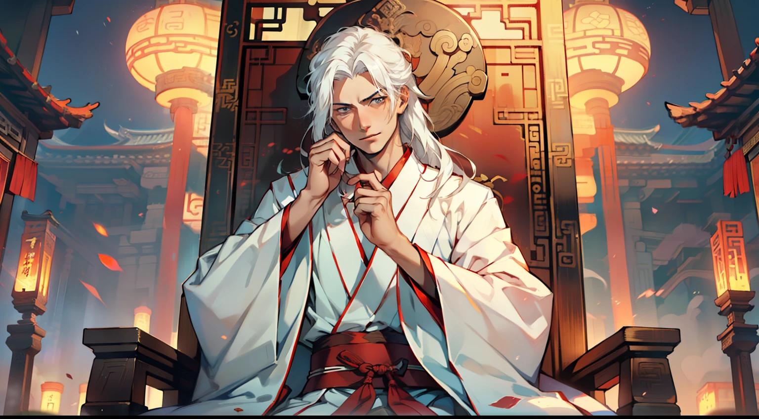 1. (1 person) The boy with (((white hair))), (((white Hanfu youth))), and (((long white hair))) sits on the sacred throne, exuding a kingly air. As he receives a system prompt, a faint smile appears on his face, radiating the regal dignity. (Background: The magnificent imperial palace of ancient China)