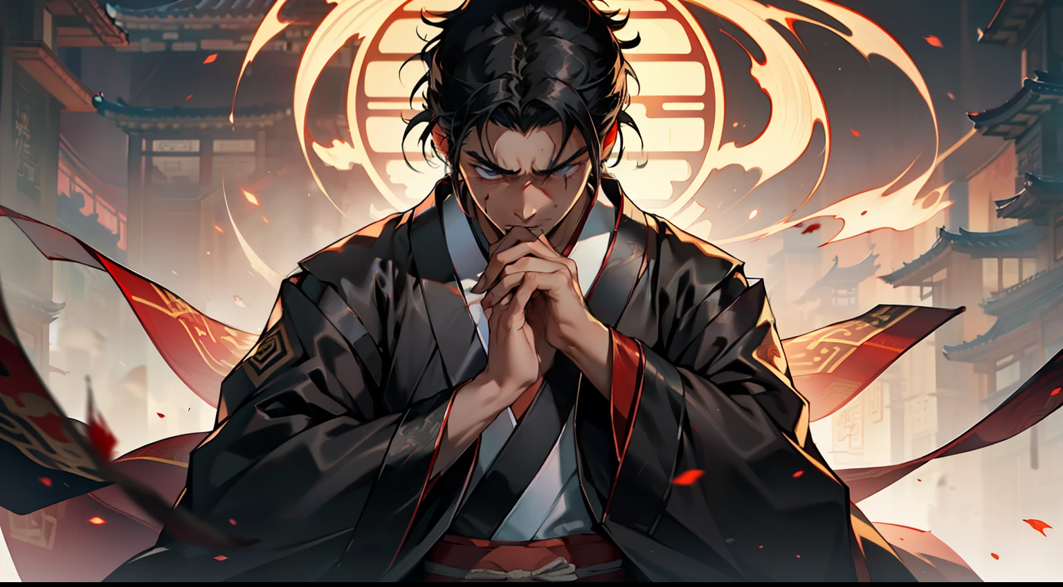 2. (1 person) The boy, wearing a (((black coat))), (((Black Hanfu youth))), and with (((black hair))), exudes a kingly air. His hands are stained with blood as he displays a determined expression, emanating an aspiration for greatness. (Background: The magnificent imperial palace of ancient China)