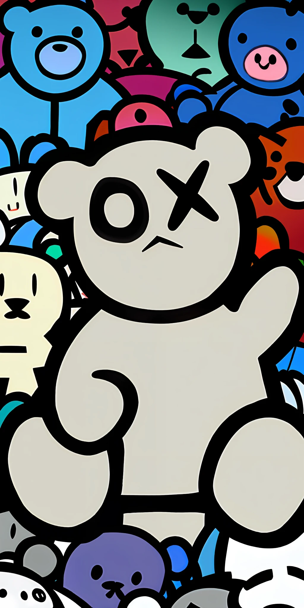 There are a lot of teddy bears getting together, kaws, mandkaws, four humanoid bears, xqcow, BT 2 1, BT21, bearbrick, wallpaper - 1 0 2 4, by Murakami, komono, takashi murakami art style, Bears, Best Rated on pixiv
